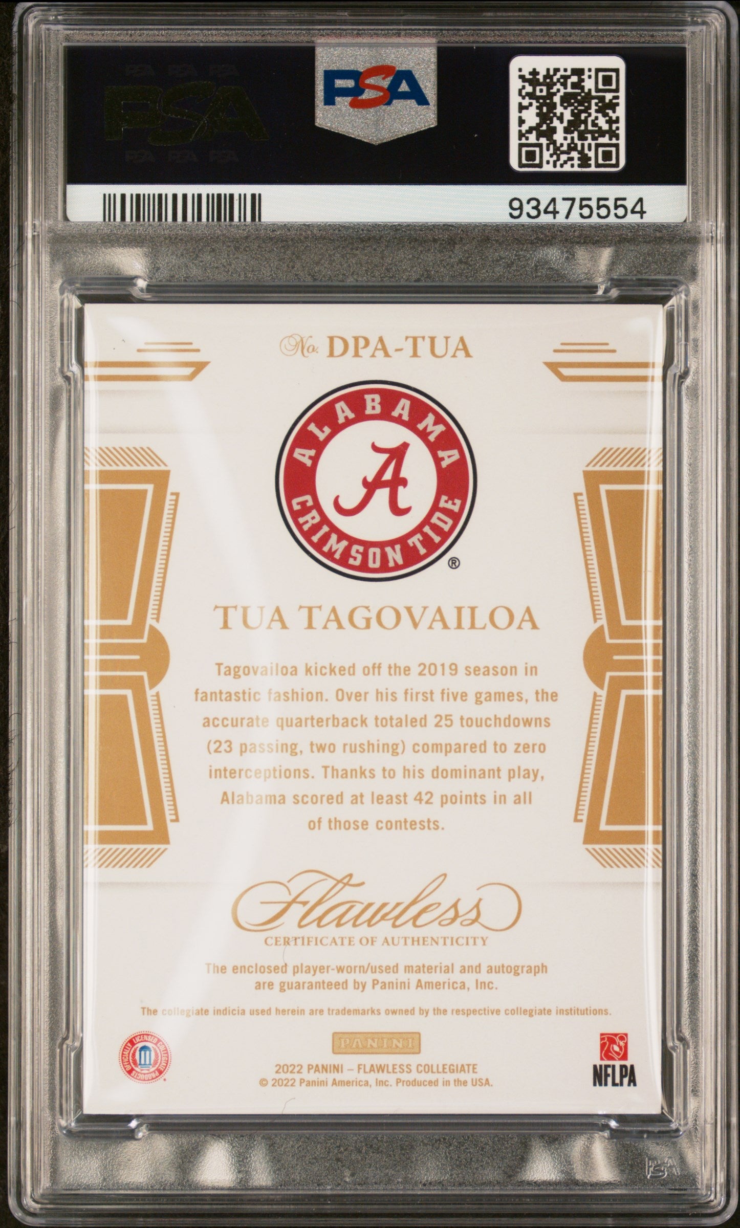 2022 Panini Flawless Collegiate Dual Patch Autographs Tua Tagovailoa PSA 8 /25 