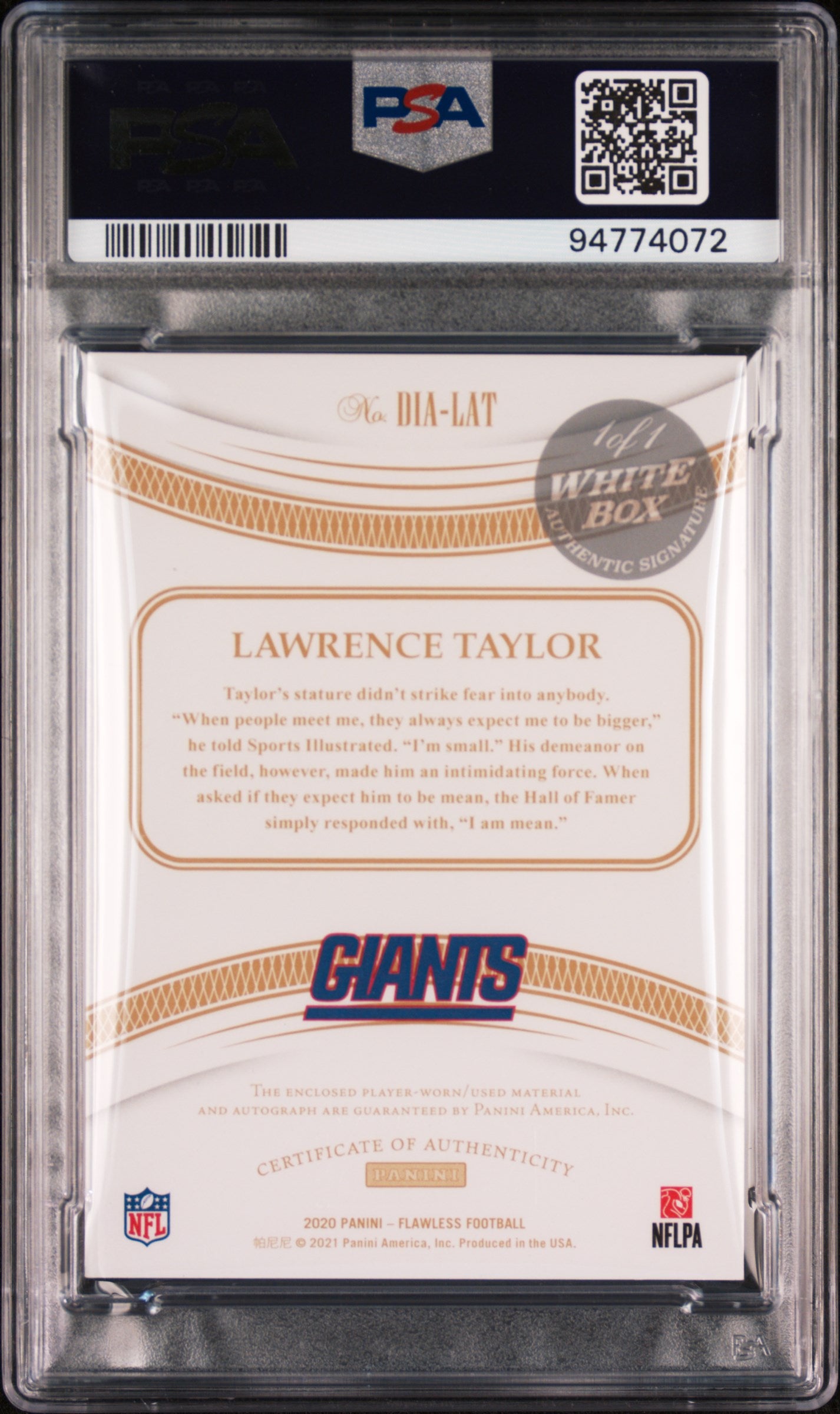 2020 Flawless PSA 9 Lawrence Taylor Distinguished Patch Auto White Box 1/1 