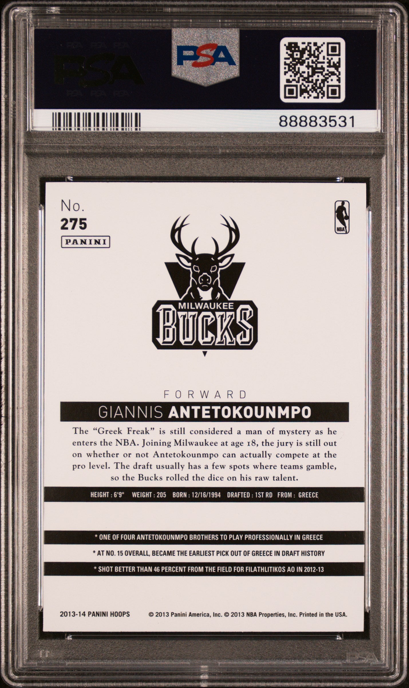 2013 Panini Hoops Basketball G. Antetokounmpo RC PSA 10 #275 