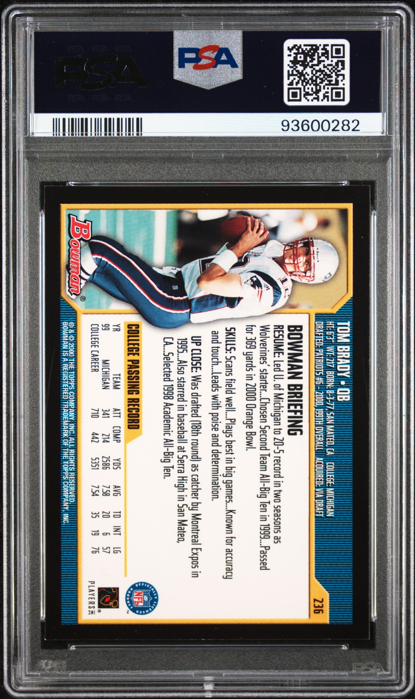 2000 Bowman Football PSA 7 Tom Brady Rookie #236