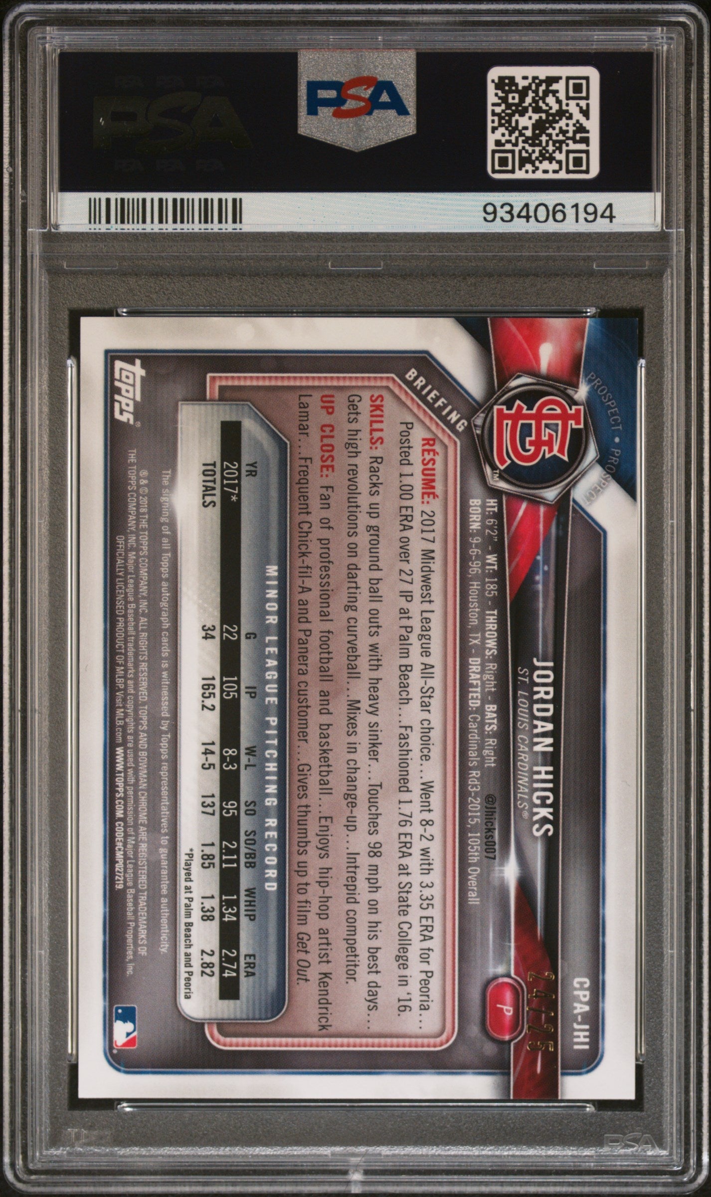 2018 1st Bowman Prospect PSA 9 Jordan Hicks Chrome Auto Orange Ref. /25