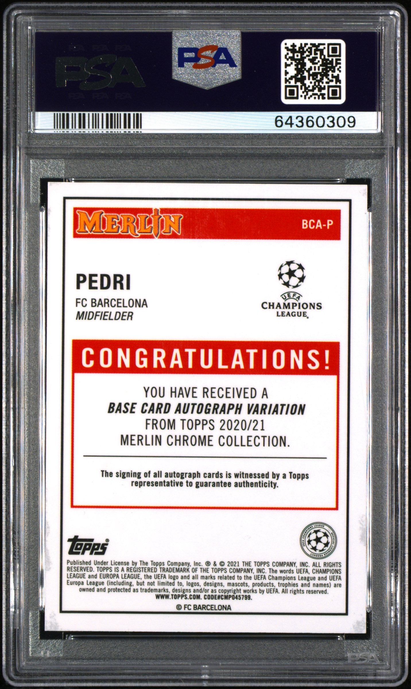 2020 Topps Merlin Chrome UEFA Champions League Autographs Pedri RC PSA 10 