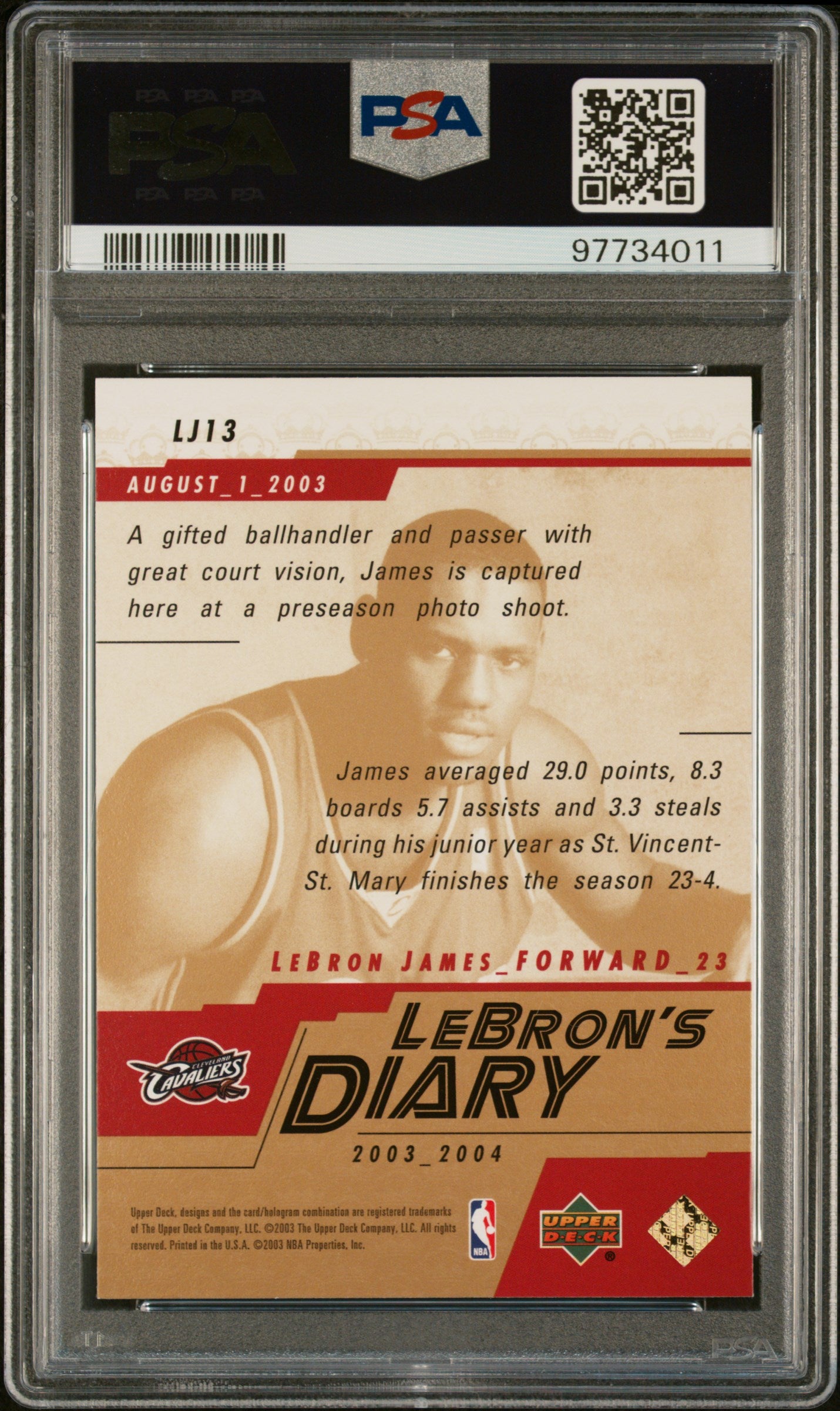 2003 Upper Deck Lebron's Diary LeBron James #LJ13 PSA 10