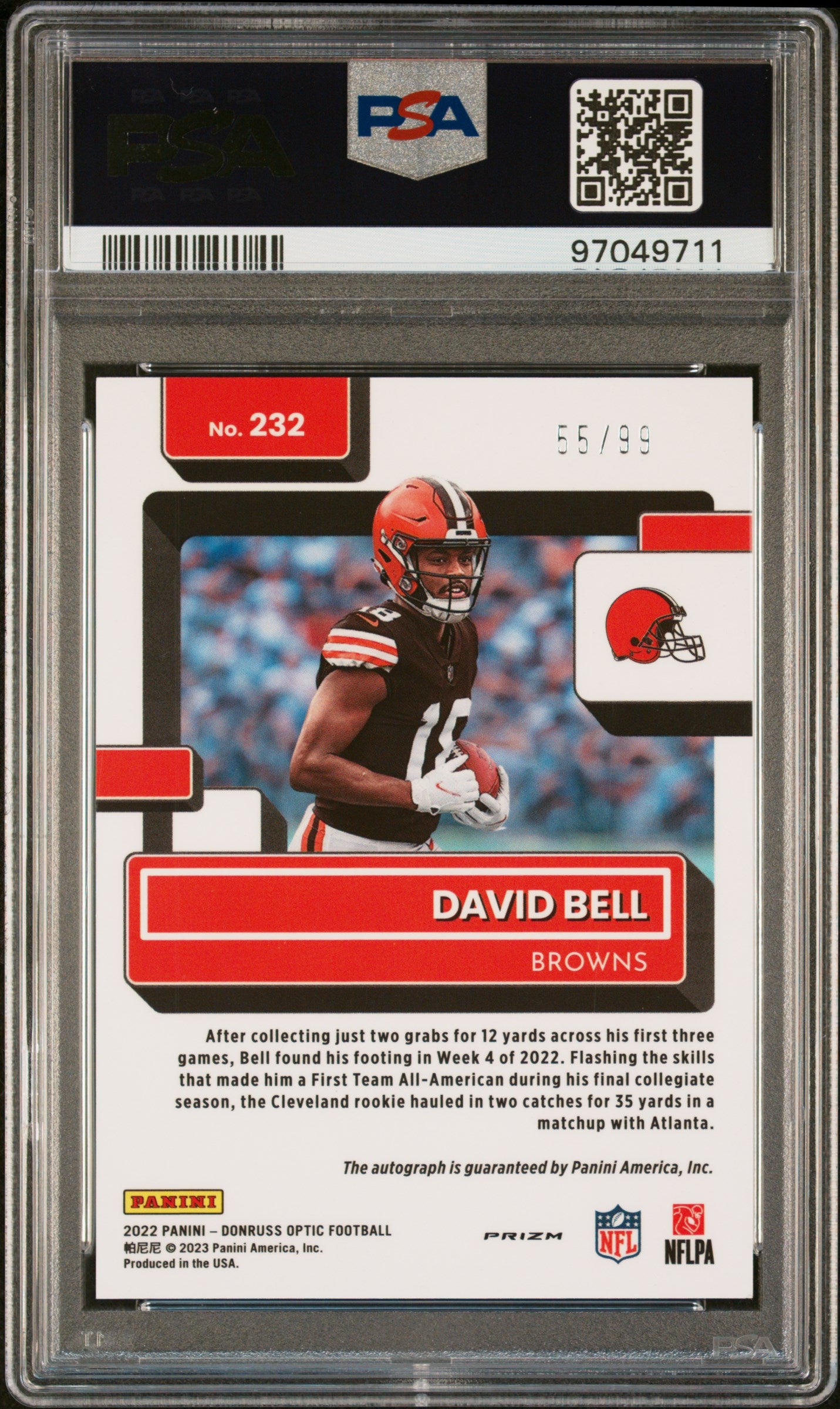 2022 Panini Donruss Optic PSA 9 David Bell Rated Rookie Blue Auto 55/99 