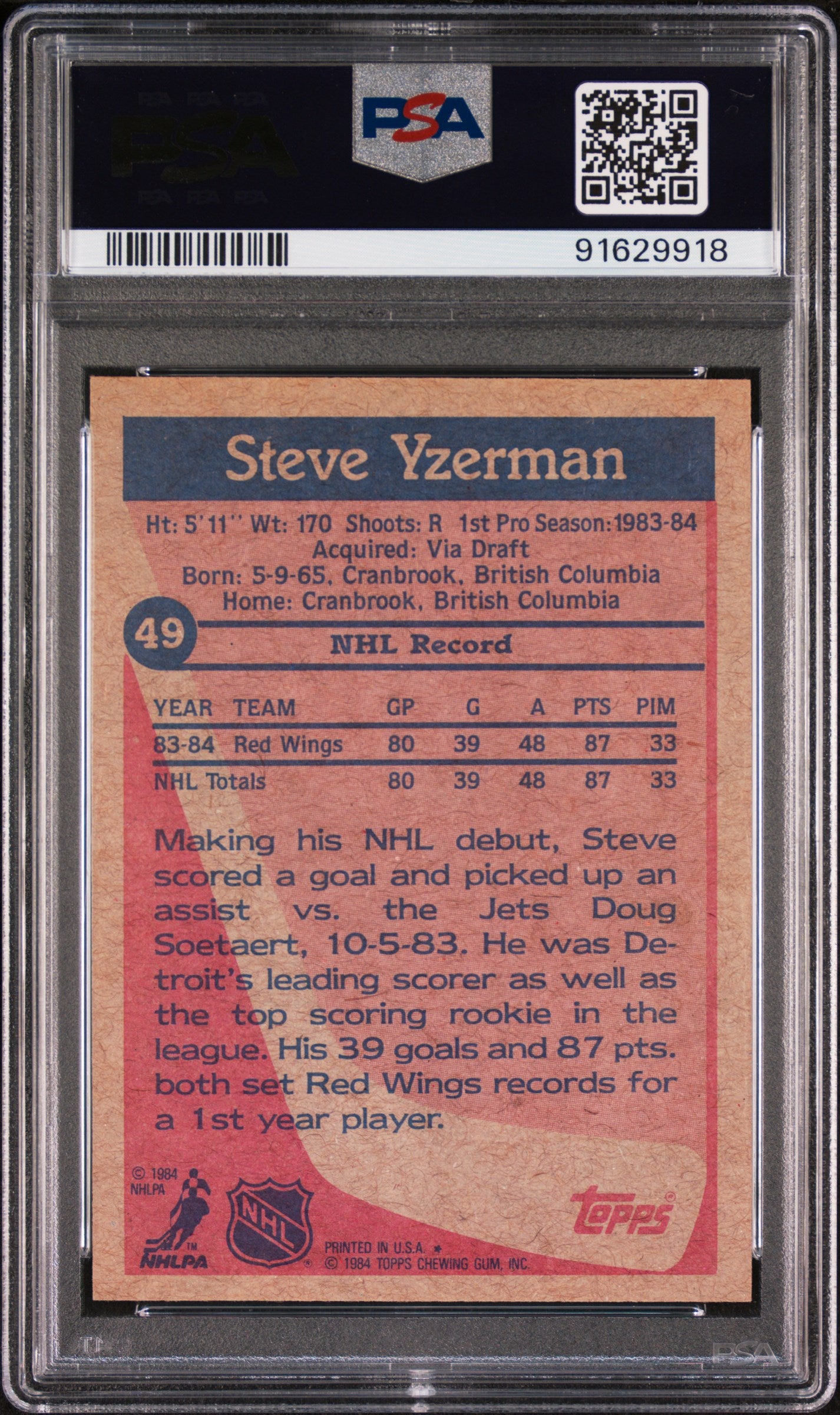 1984 Topps Hockey Psa 9 Steve Yzerman Rookie Card 49 2