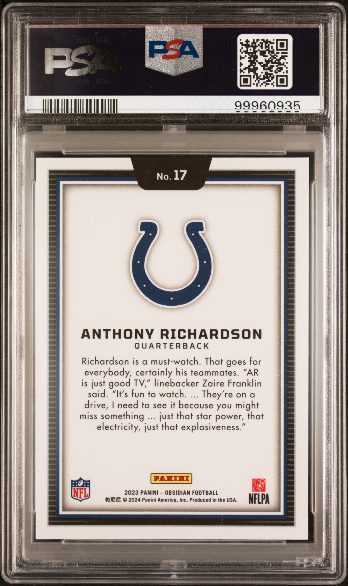 2023 Panini Obsidian Black Color Blast Anthony Richardson RC PSA 9 #17 