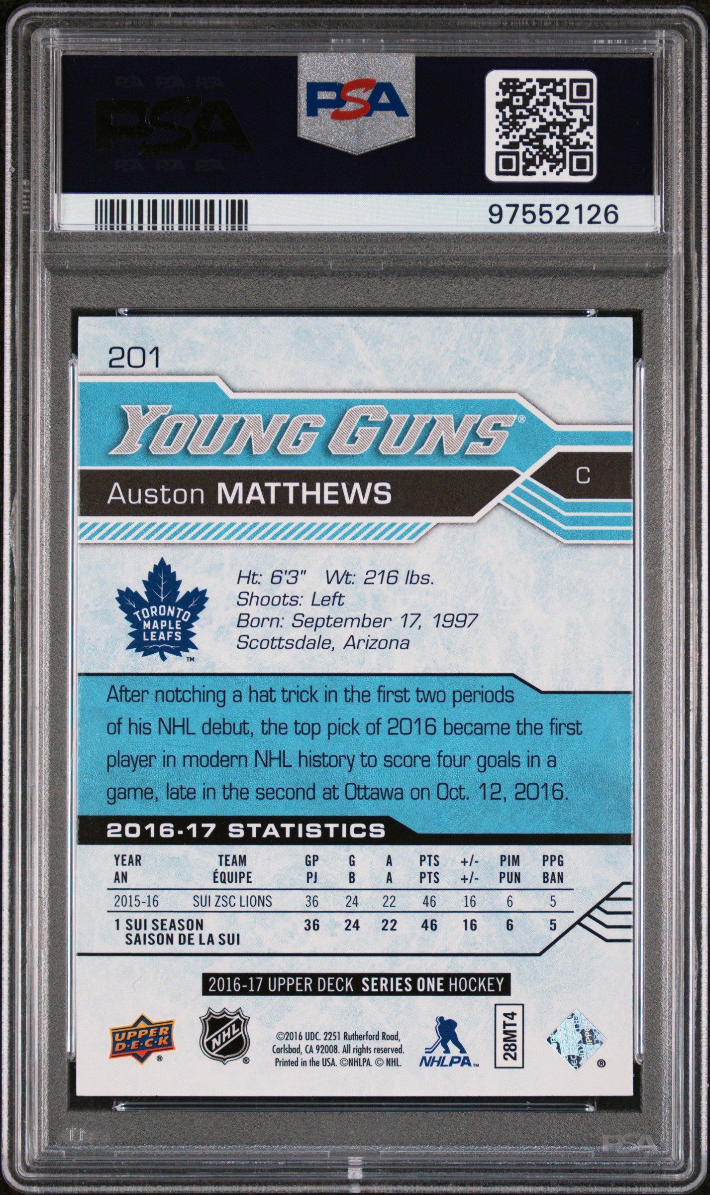 2016-17 Upper Deck Series One Hockey Auston Matthews Young Guns PSA 9 #201 