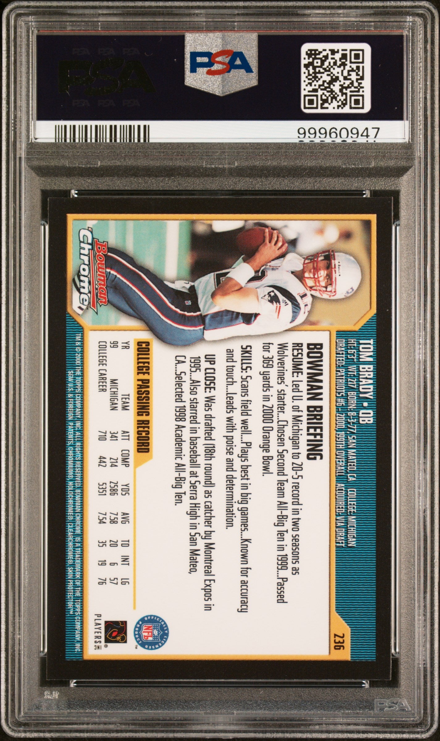 2000 Bowman Chrome Football Tom Brady Rookie PSA 9 #236 