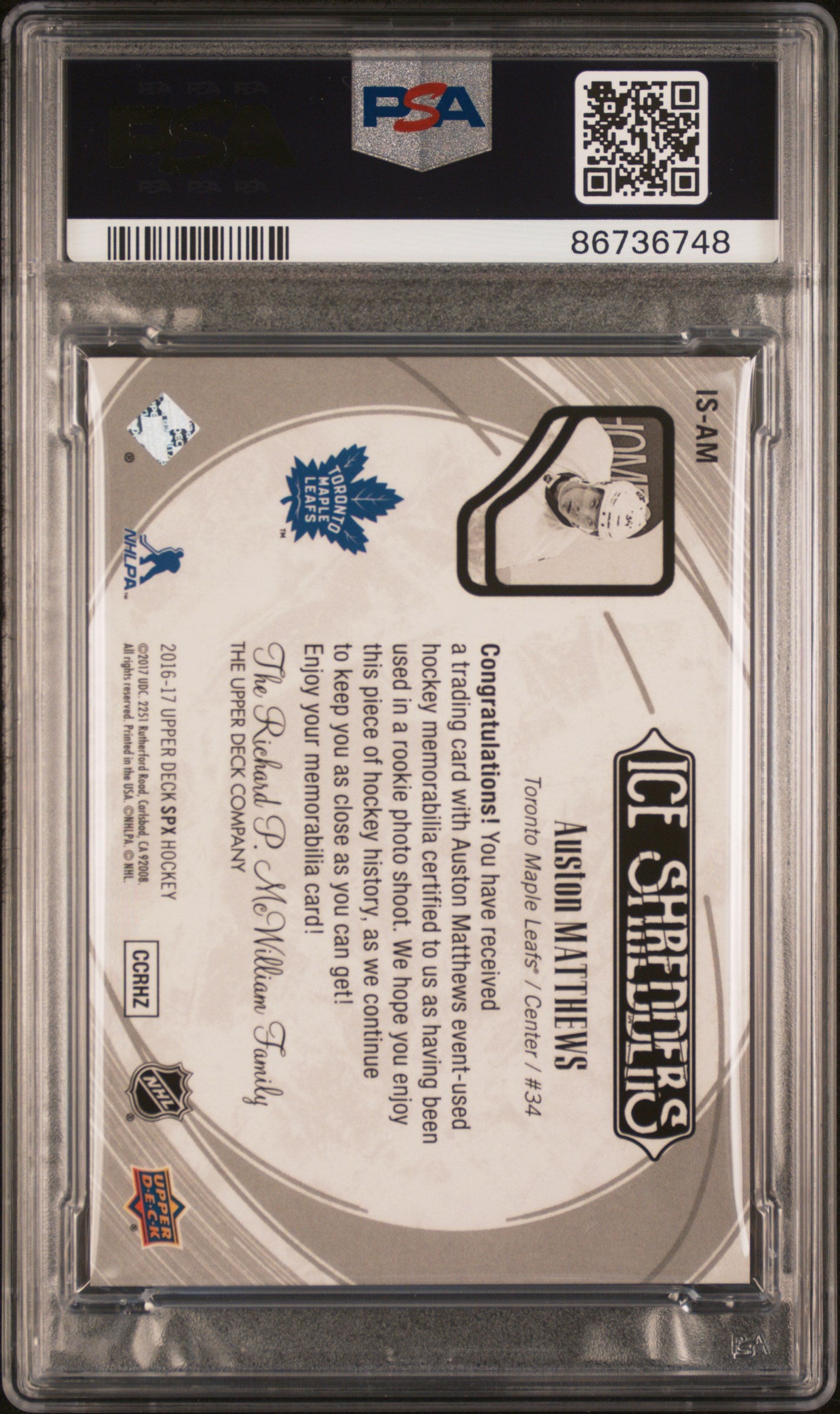 2016-17 SPX Hockey Ice Shredders Auston Matthews Dual Materials Patch PSA 9 /25 