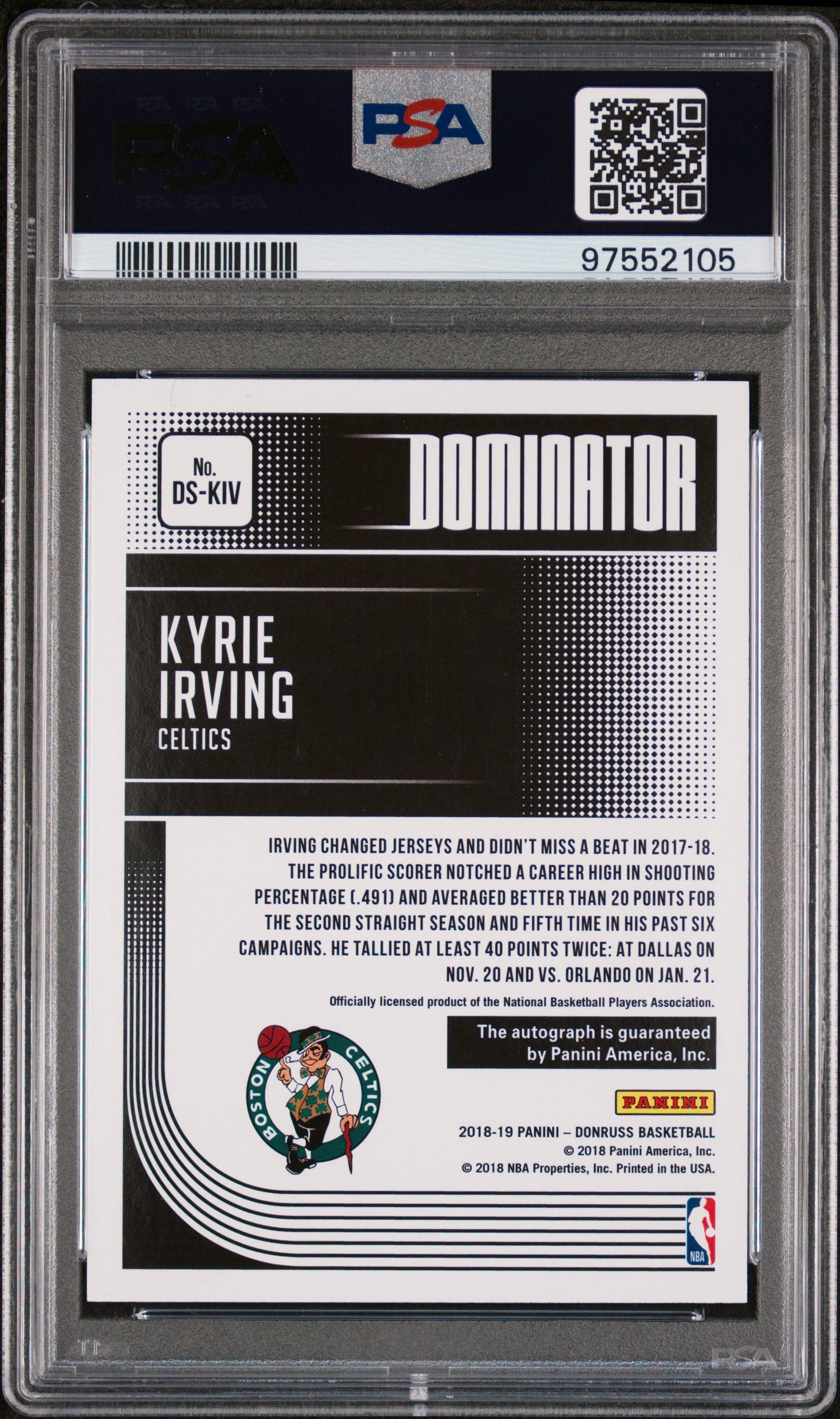 2018 Panini Donruss Dominator Signatures Kyrie Irving PSA 9 90/99 #DS-KIV 