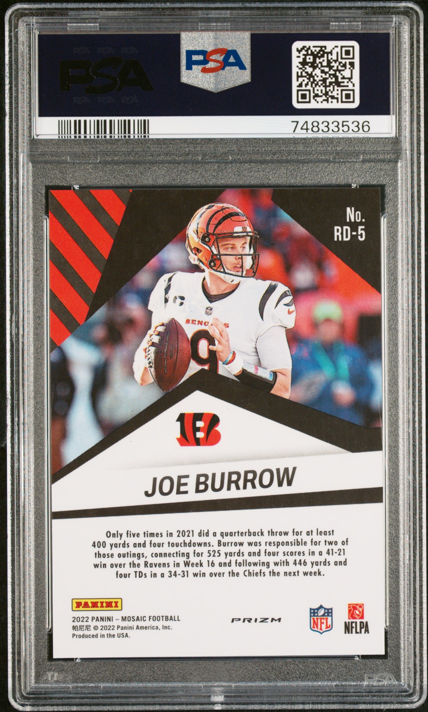 2022 Panini Mosaic Razzle Dazzle Joe Burrow #RD5 PSA 10