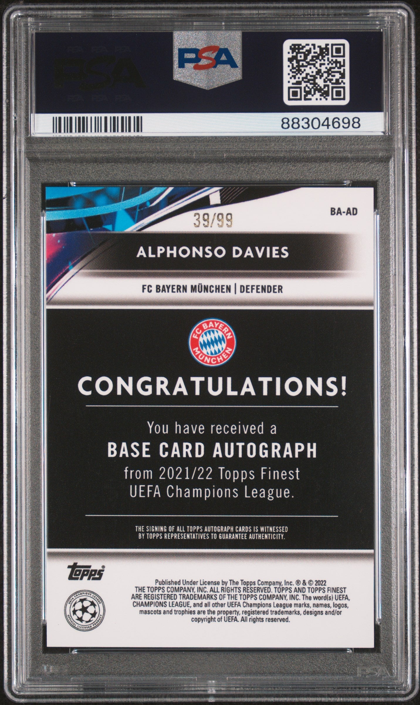 2021-2022 Topps Finest UCL PSA 10 Alphonso Davies Neon Green Wave Refractor Auto 