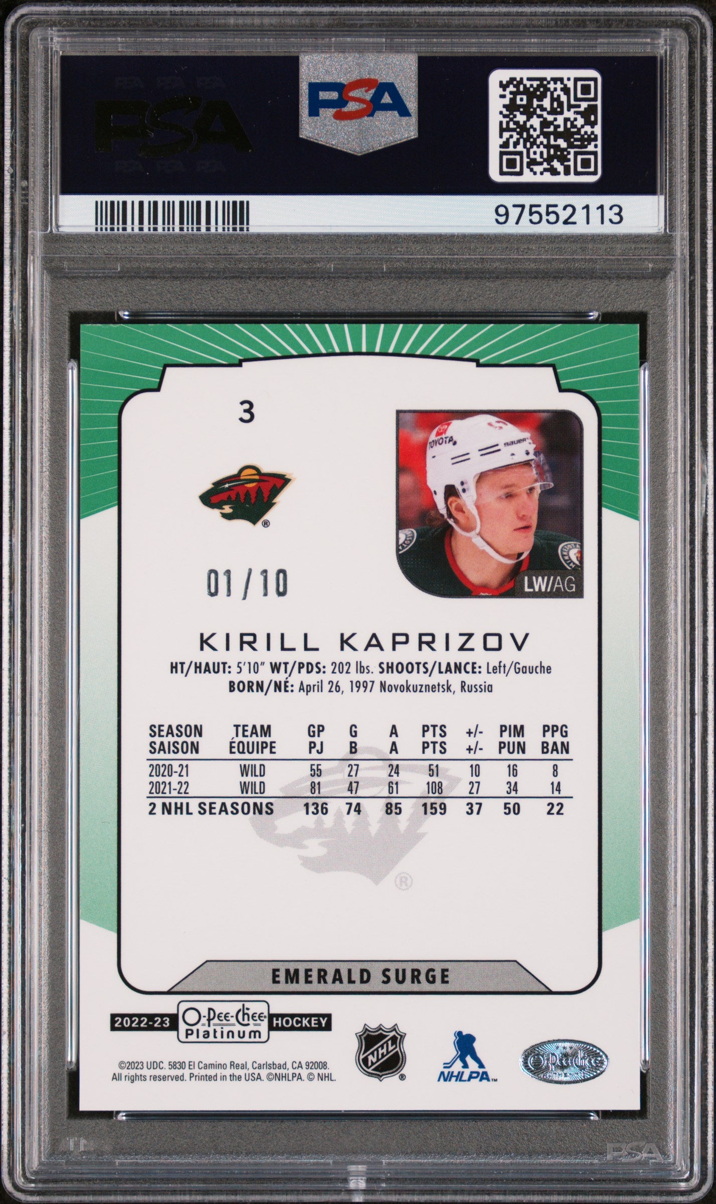 2022 O-Pee-Chee Platinum Emerald Surge Kirill Kaprizov PSA 10 01/10 #3