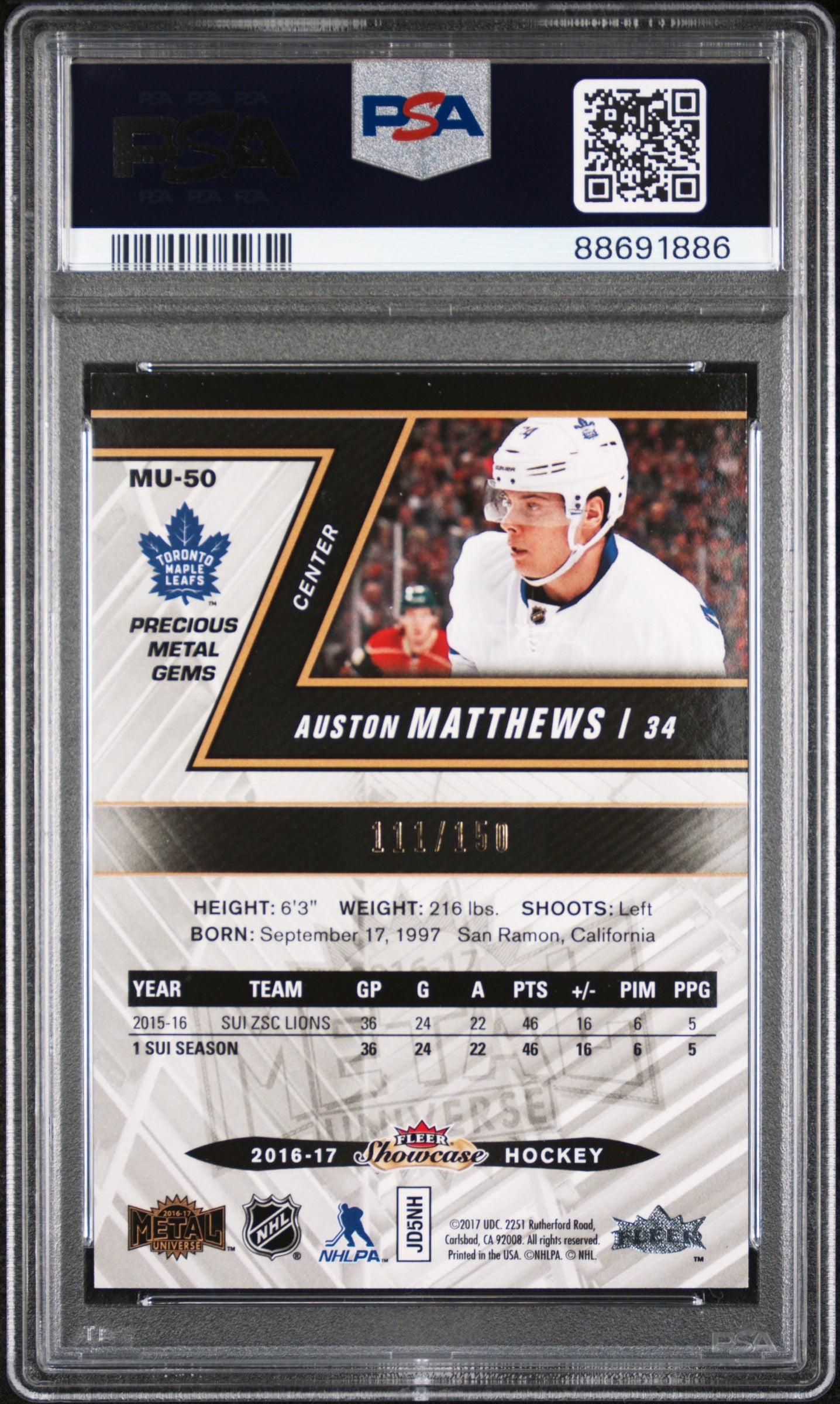 2016 Fleer Showcase Metal Universe PSA 9 Auston Matthews Red 111/150 #MU-50 