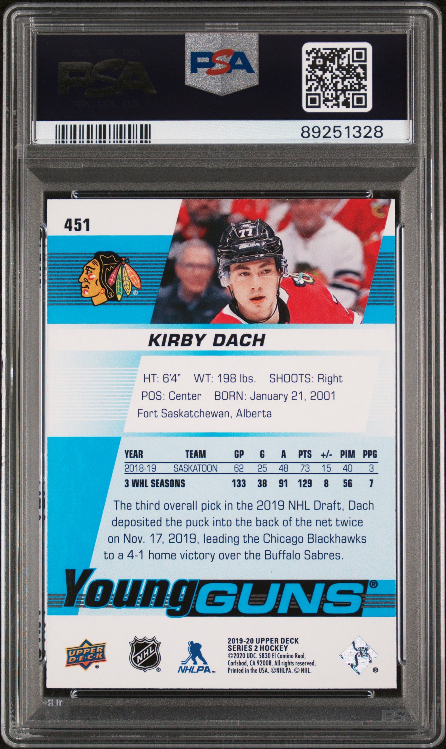 2019-20 Upper Deck Series 2 Hockey Kirby Dach Young Guns PSA 10 #451 