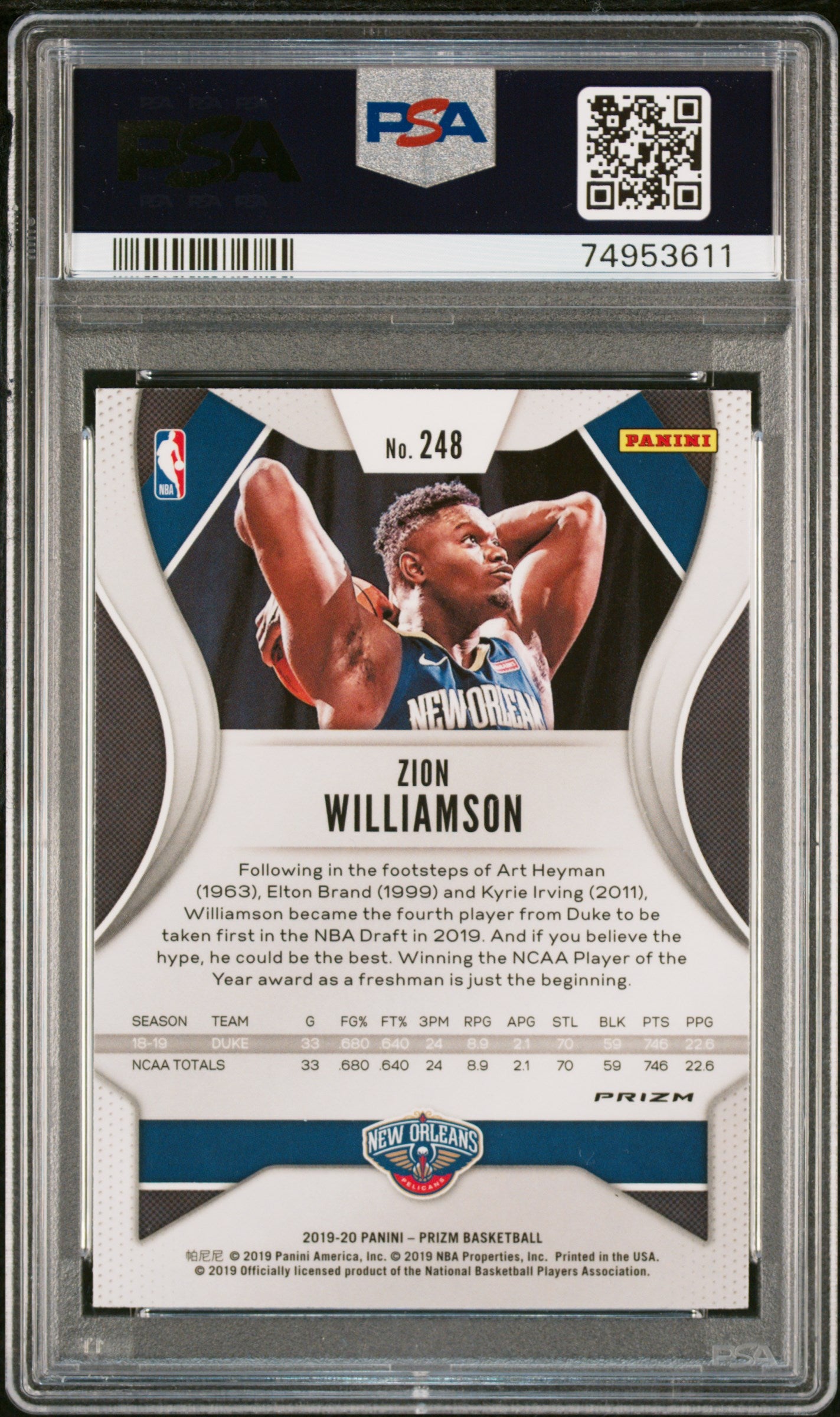 2019 Panini Prizm Basketball Zion Williamson RC Green Prizm PSA 10 #248 