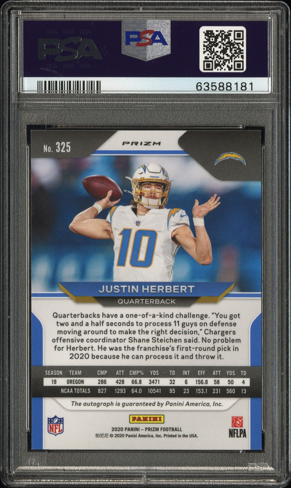 2020 Panini Prizm PSA 9 Justin Herbert RC Neon Green Pulsar Prizm Auto #325 