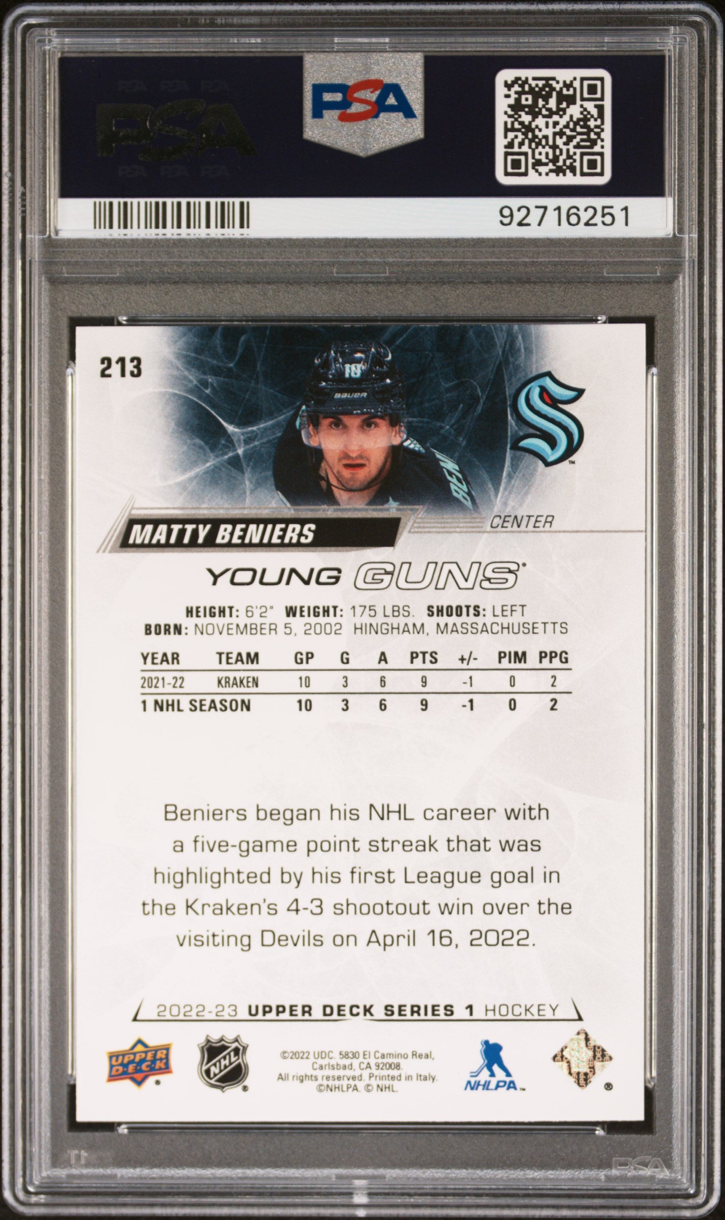 2022-23 Upper Deck Series 1 Hockey Matty Beniers Young Guns PSA 9 #213 