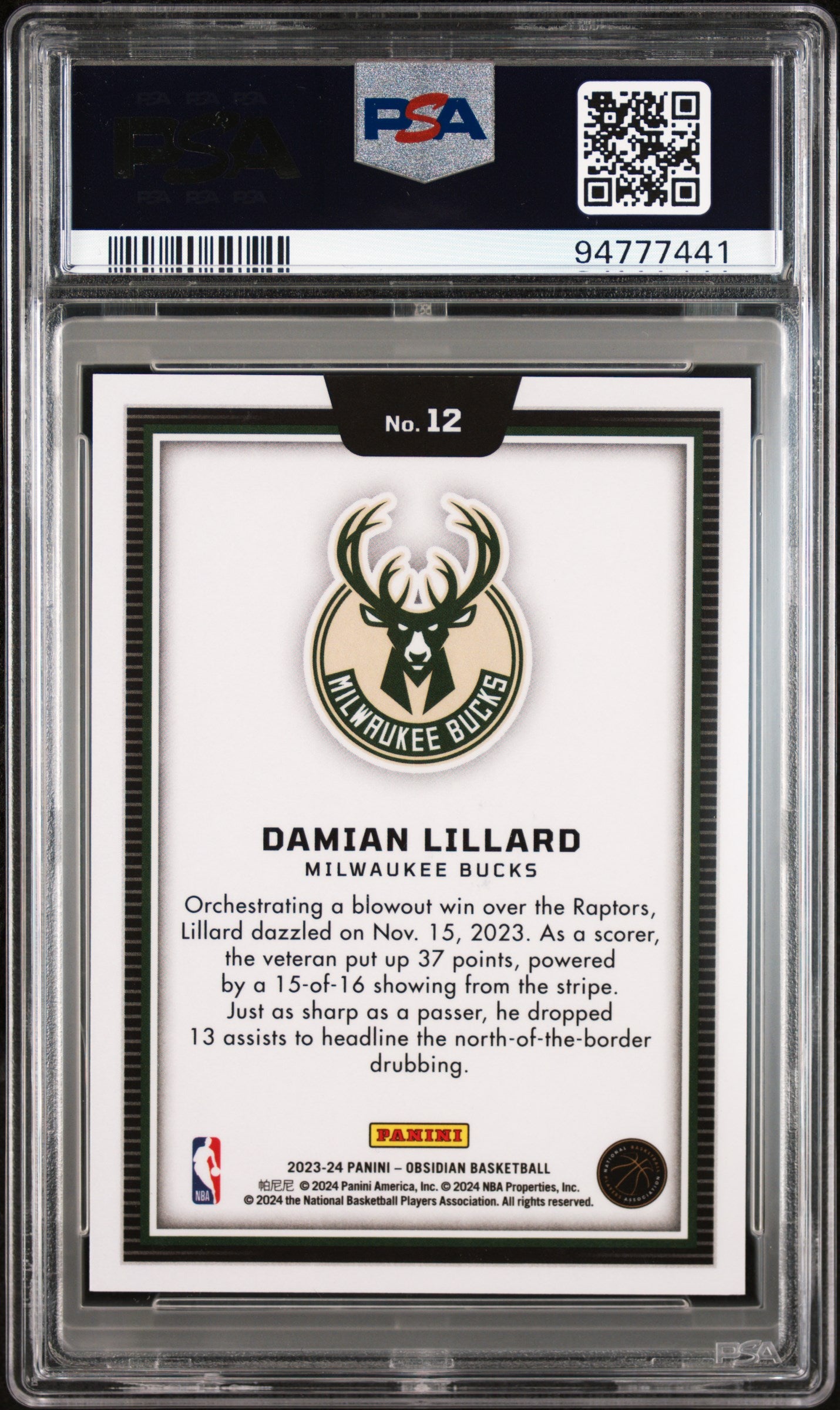 2023 Panini Obsidian Black Color Blast Damian Lillard #12 PSA 10 