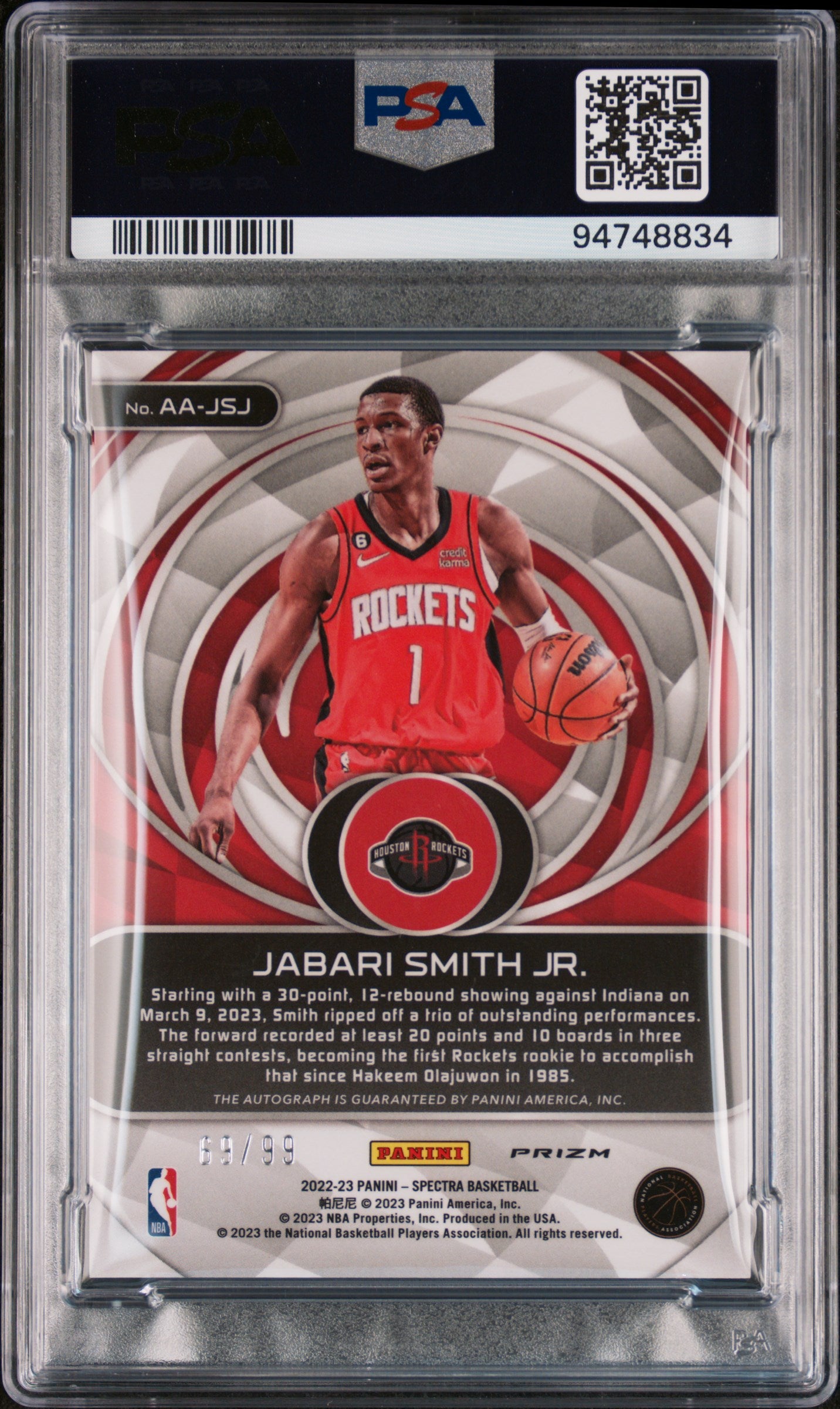 2022 Panini Spectra Basketball PSA 10 Jabari Smith Jr RC Aspiring Auto 69/99 