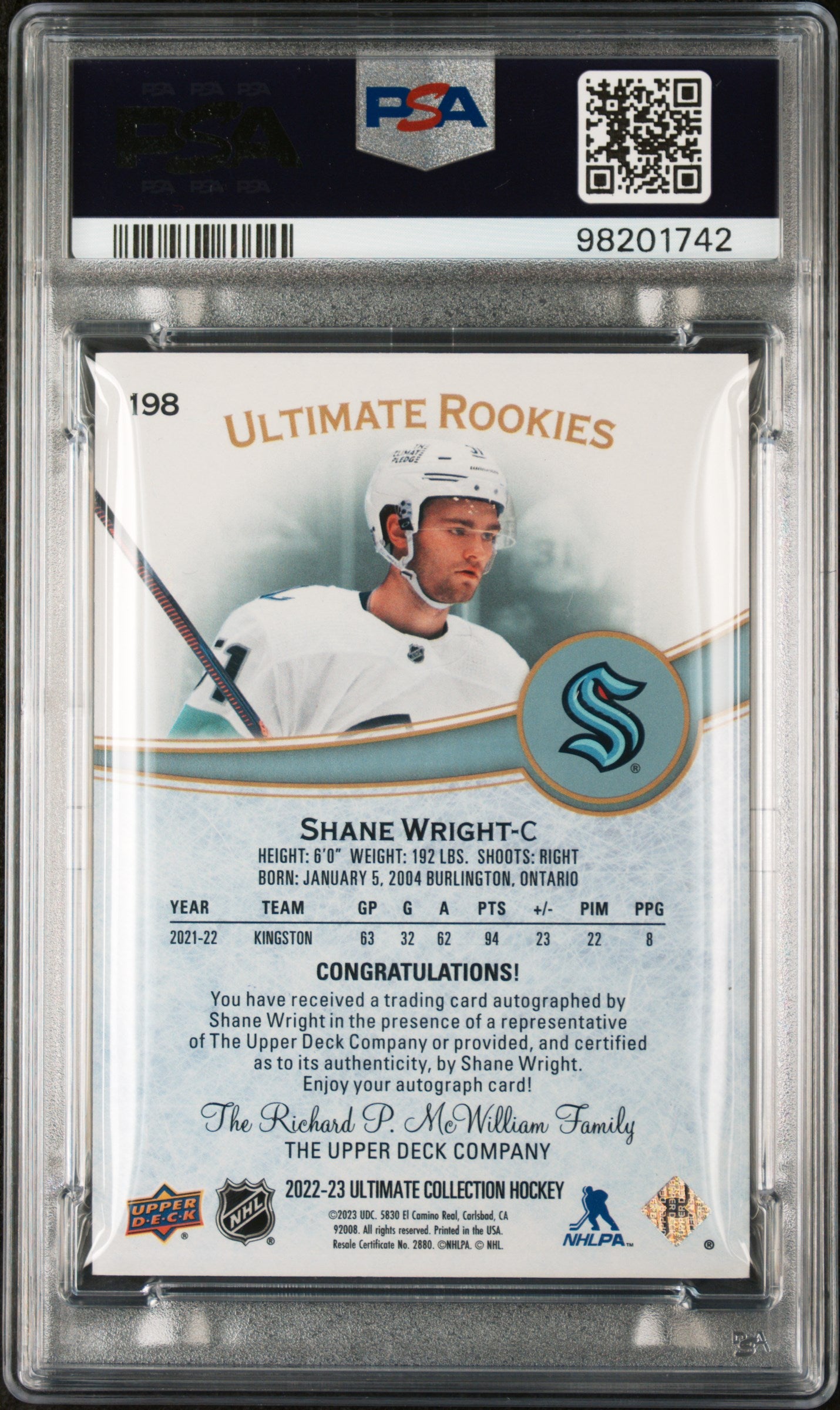 2022 Upper Deck Ultimate Collection Hockey Shane Wright Rookie Auto PSA 10 /99 