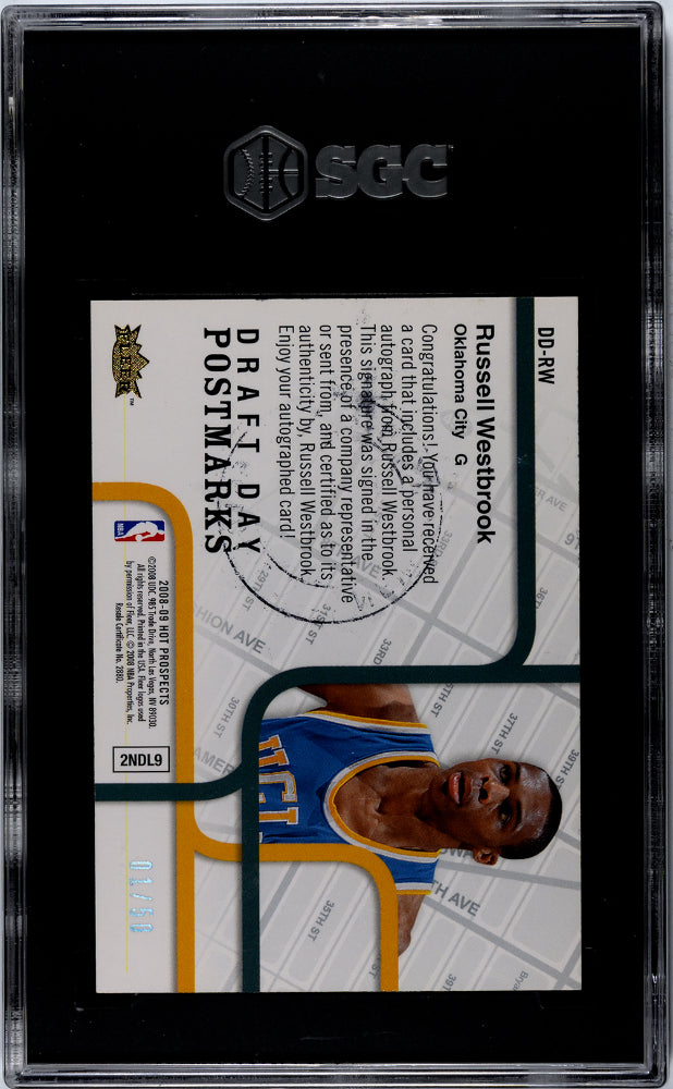 2008-09 Fleer Hot Pros. SGC 8.5 Russell Westbrook Draft Day Postmarks Auto 1/50 