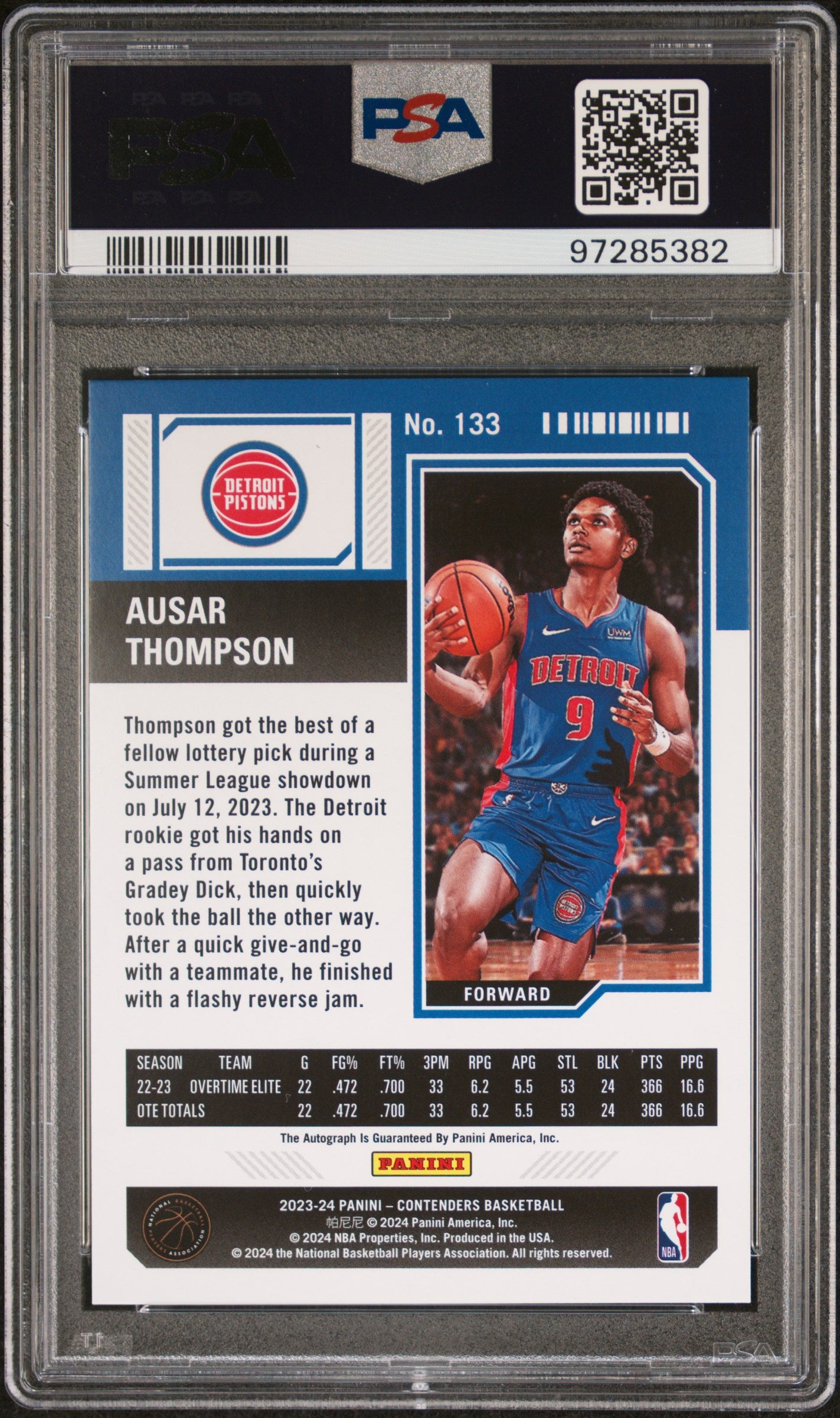 2023 Panini Contenders PSA 10 Ausar Thompson Rookie Ticket Auto #133 