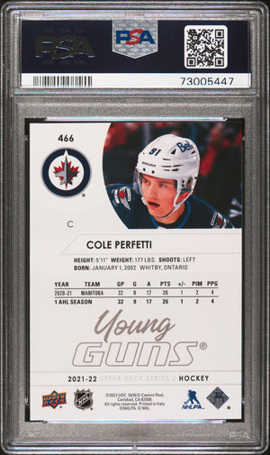 2021-2022 Upper Deck Series 2 Hockey Cole Perfetti Young Guns PSA 10 