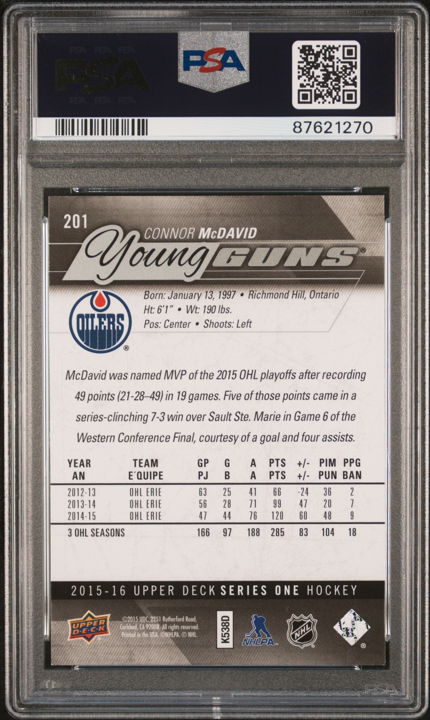 2015-16 Upper Deck Series One Hockey Connor McDavid Young Guns PSA 10 #201 