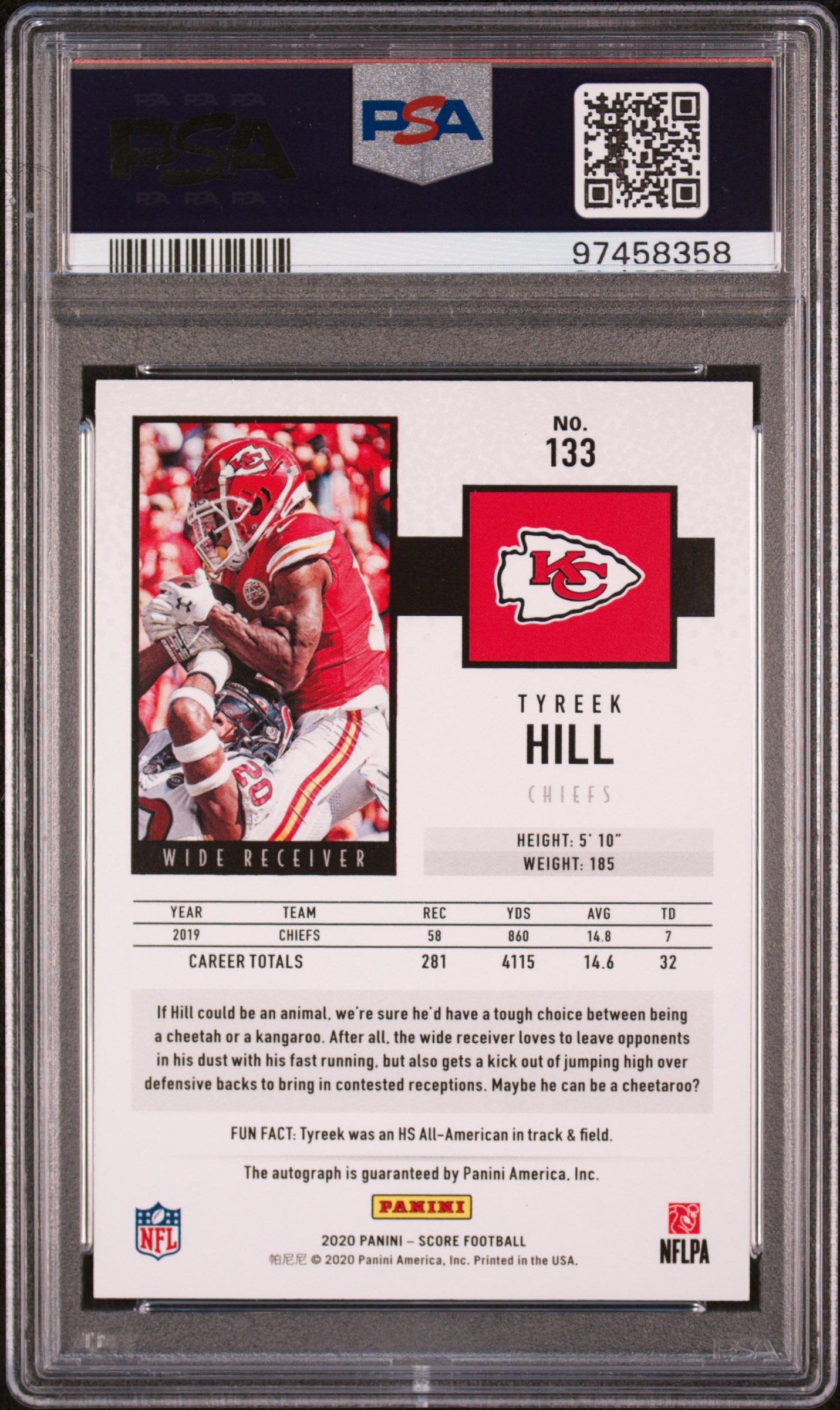 2020 Panini Score Tyreek Hill End Zone Signature PSA 9 5/6 #133 