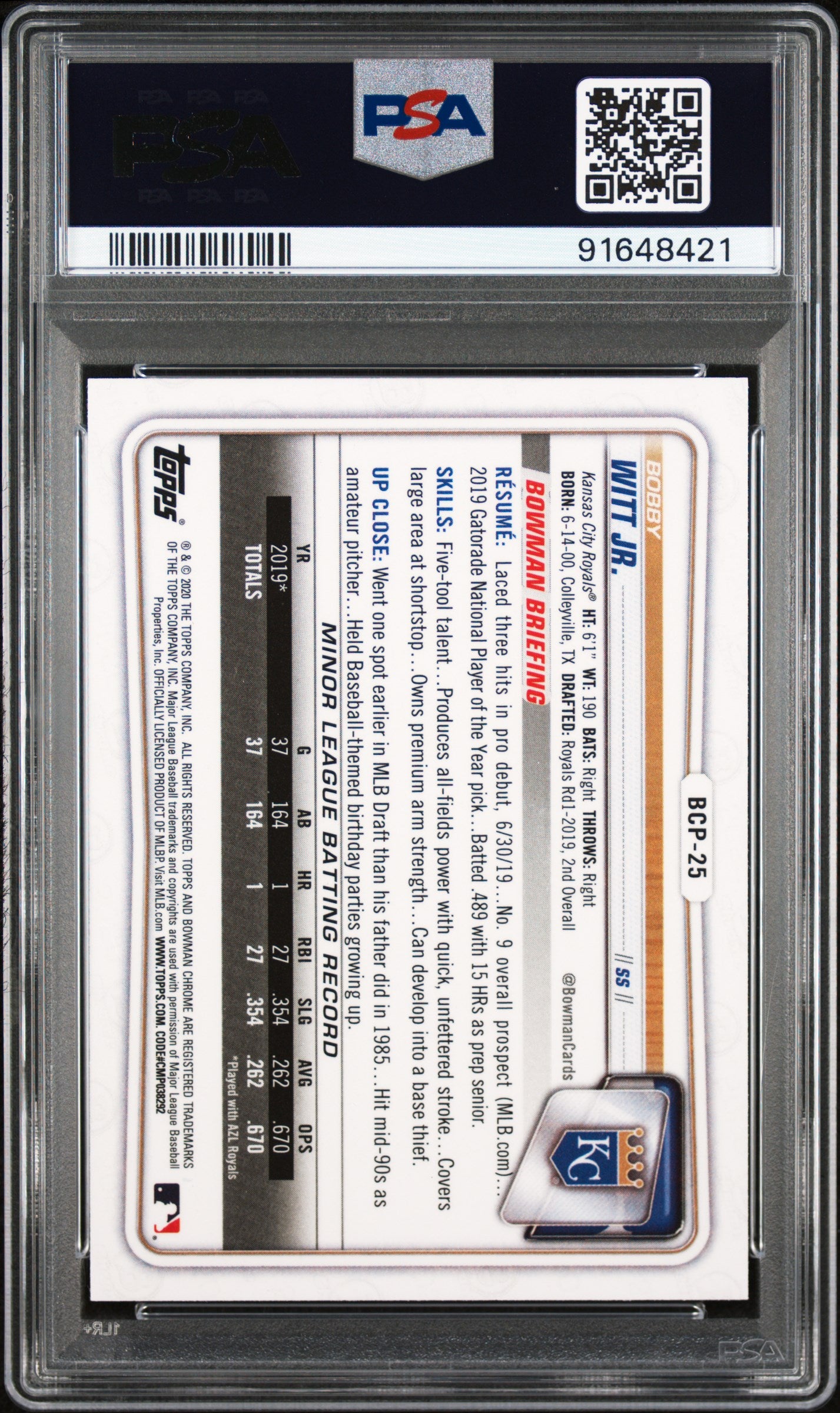 2020 1st Bowman Chrome Prospects Bobby Witt JR. PSA 10 