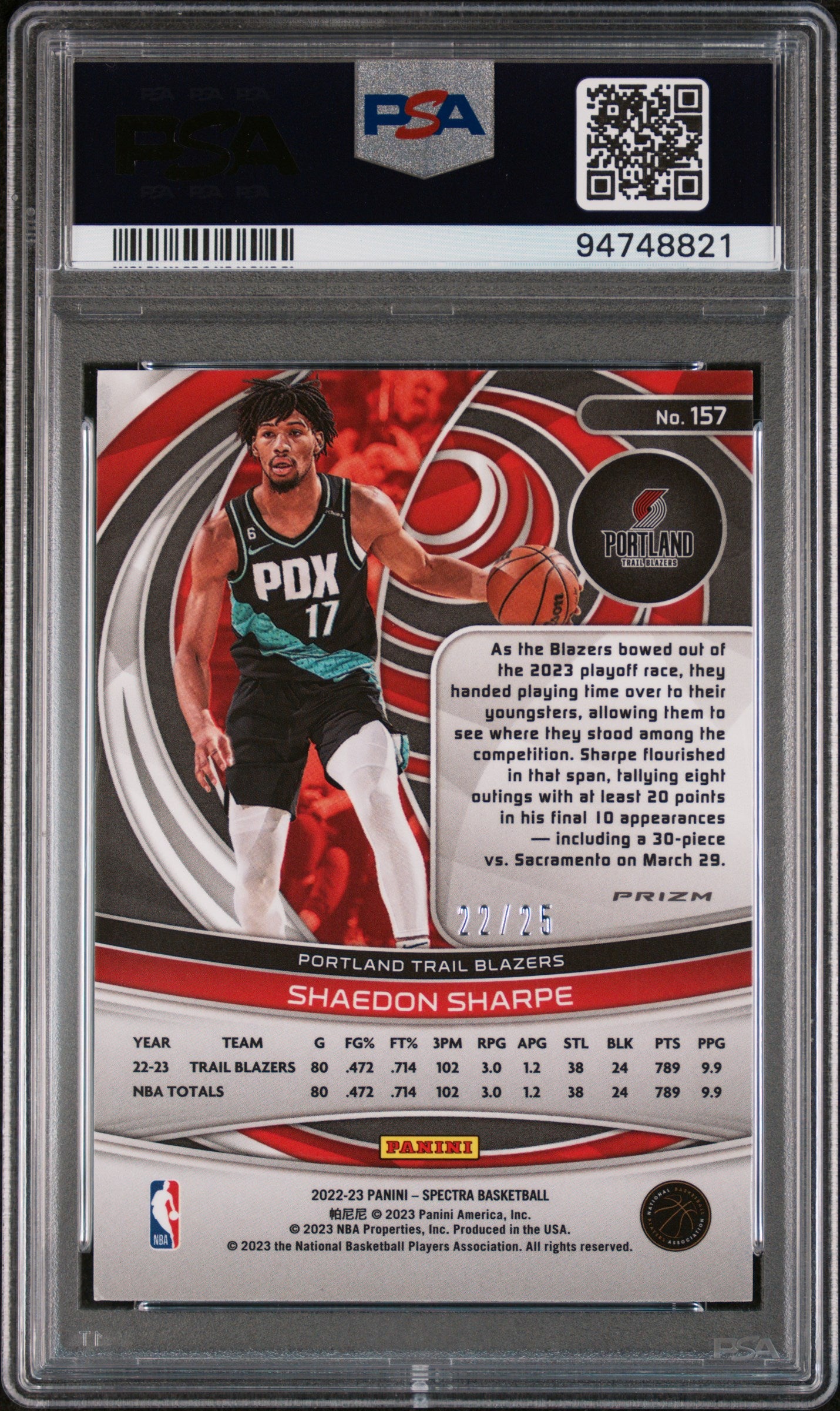 2022 Panini Spectra PSA 9 Shaedon Sharpe RC Meta Prizm 22/25 #157 