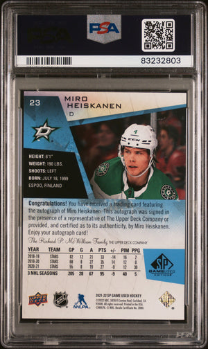 2021-22 SP Game Used Hockey Miro Heiskanen Blue Auto PSA 9 #23 