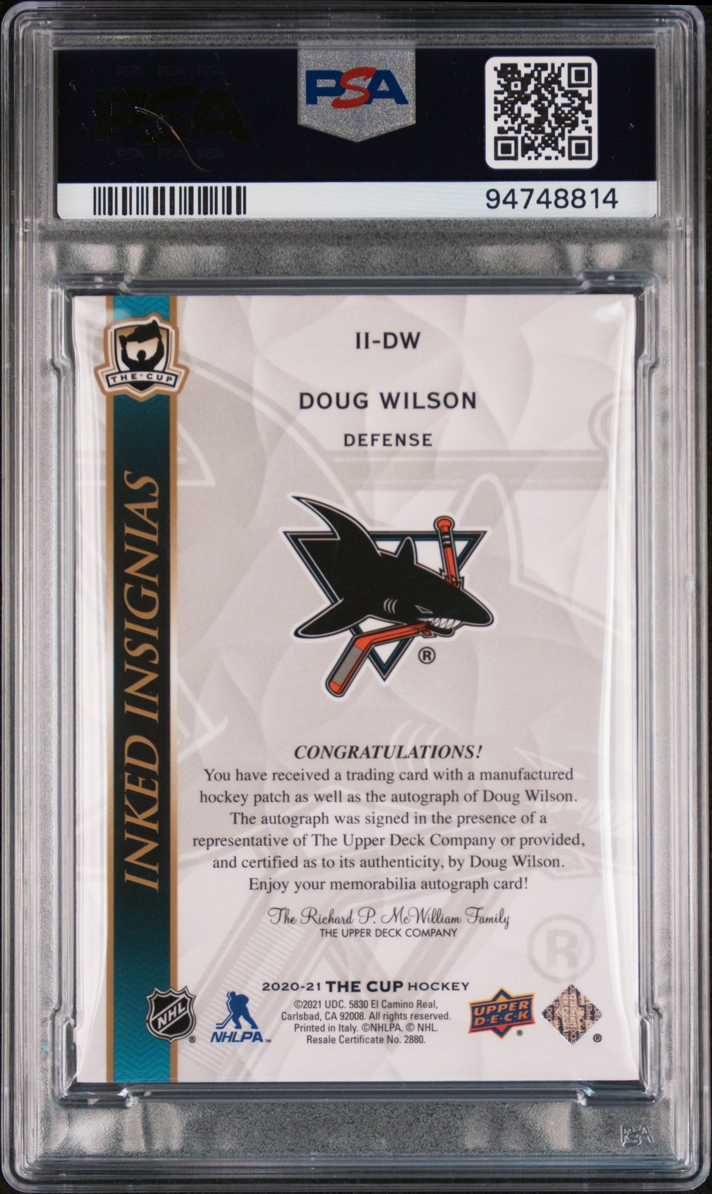 2020 UD The Cup PSA 9 Doug Wilson Inked Insignias Patch Auto 10/25 #II-DW 