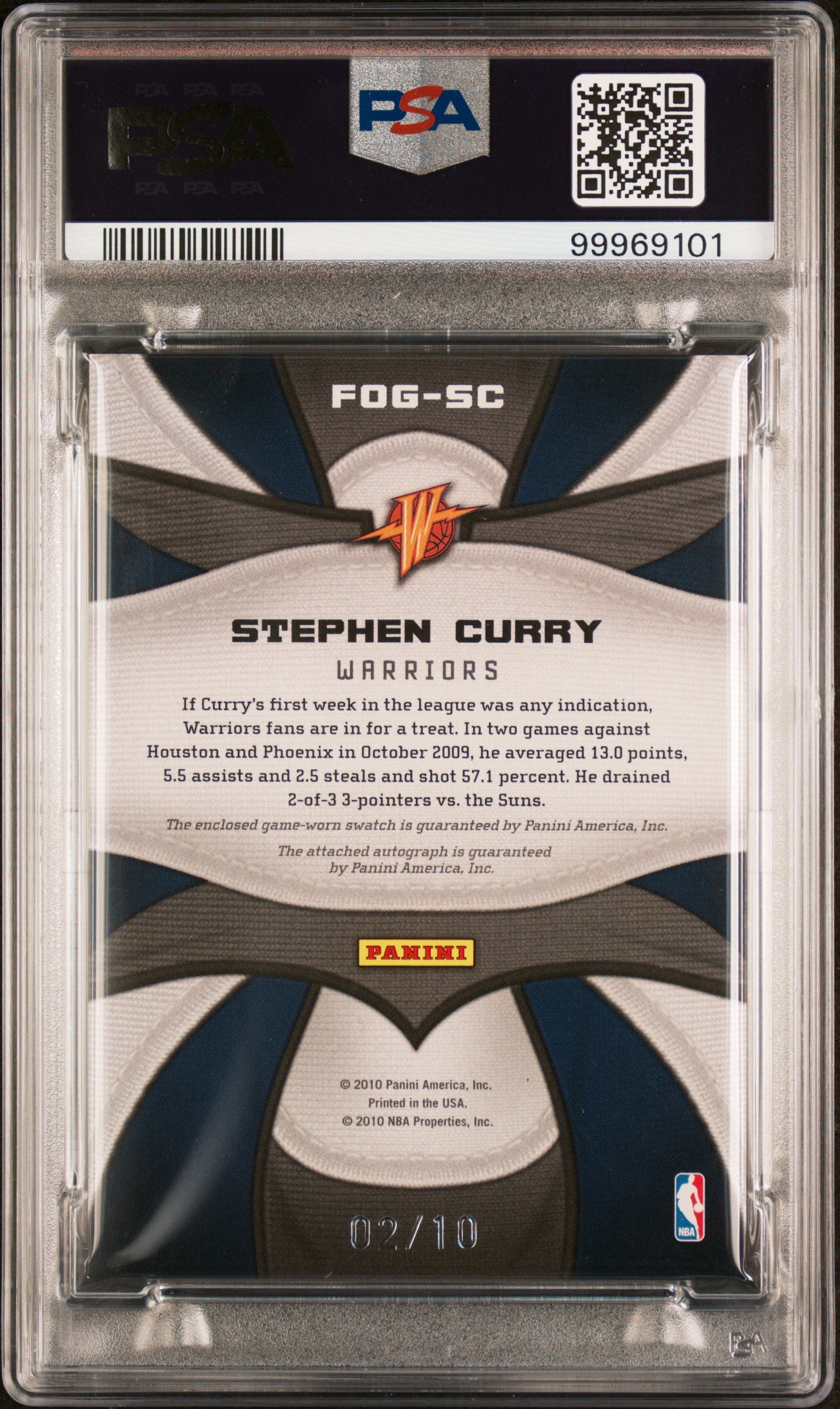 2009 Panini Certified Fabric Of The Game Stephen Curry Jersey # Auto PSA 7 02/10 