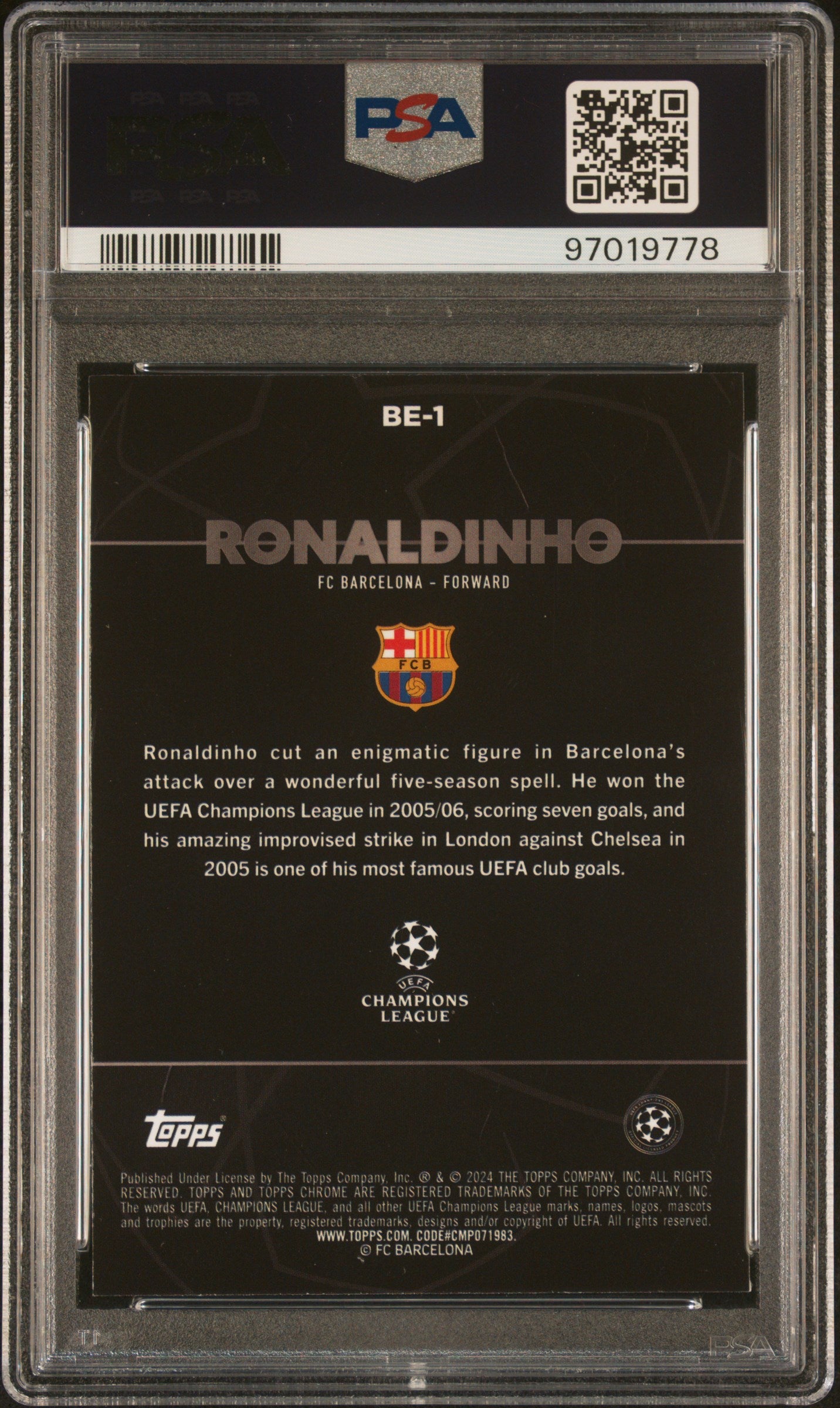 2023-24 Topps Chrome UEFA Club Competitions Shadow Etch Ronaldinho PSA 10 