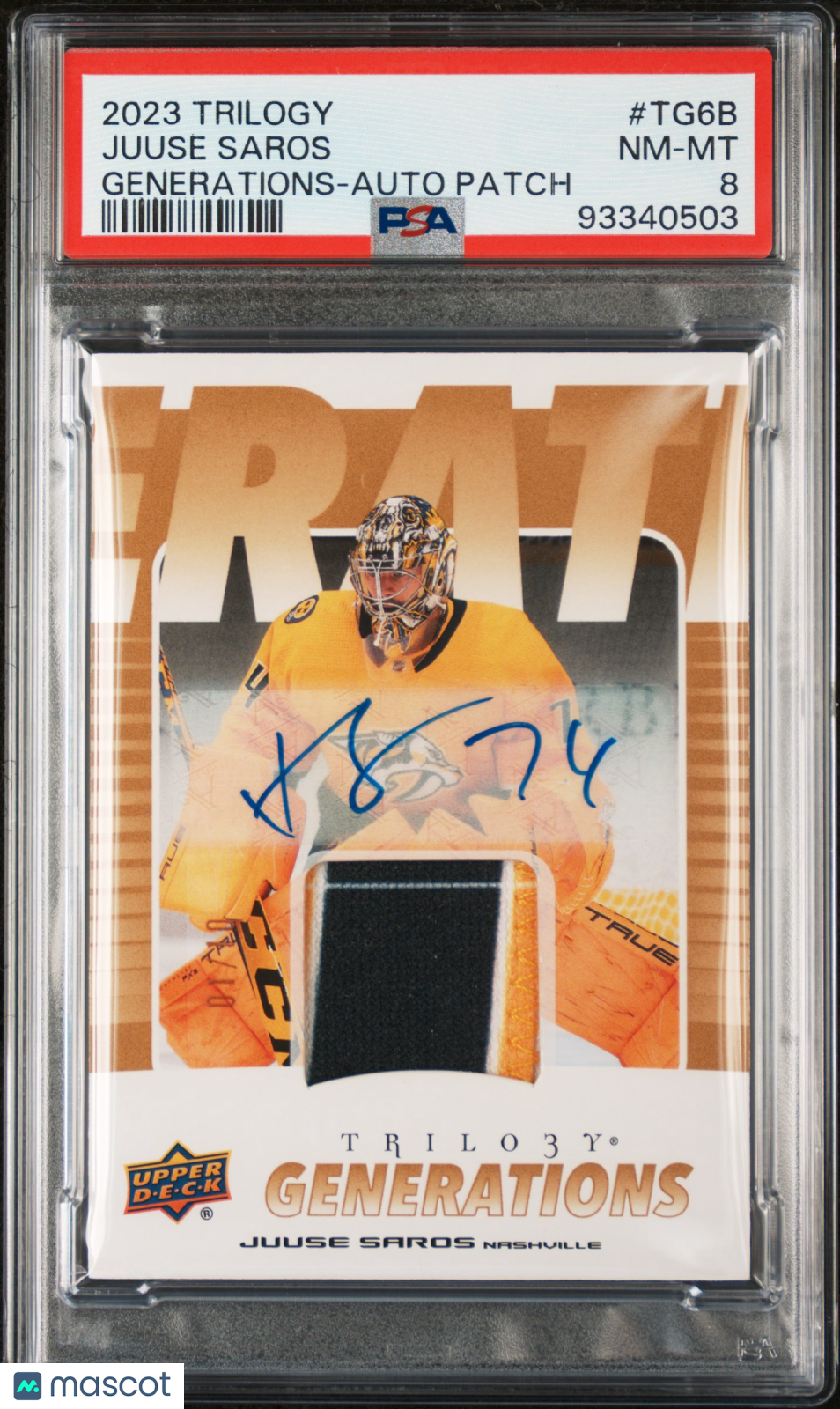 2023-24 UD Trilogy Generations PSA 8 Juuse Saros Generations Patch Autograph