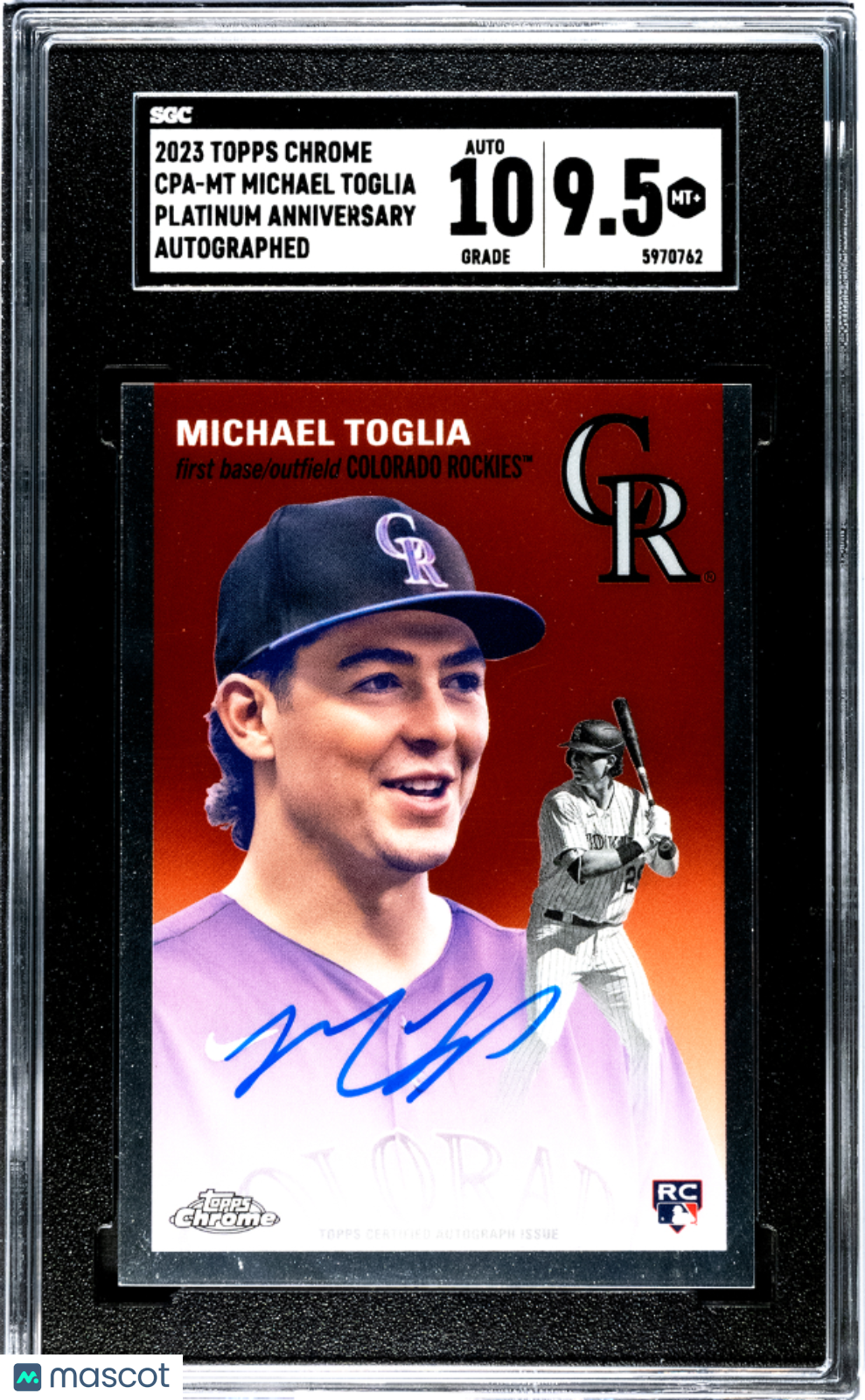 2023 Topps Chrome Platinum SGC 9.5 Michael Toglia RC Red Autograph 