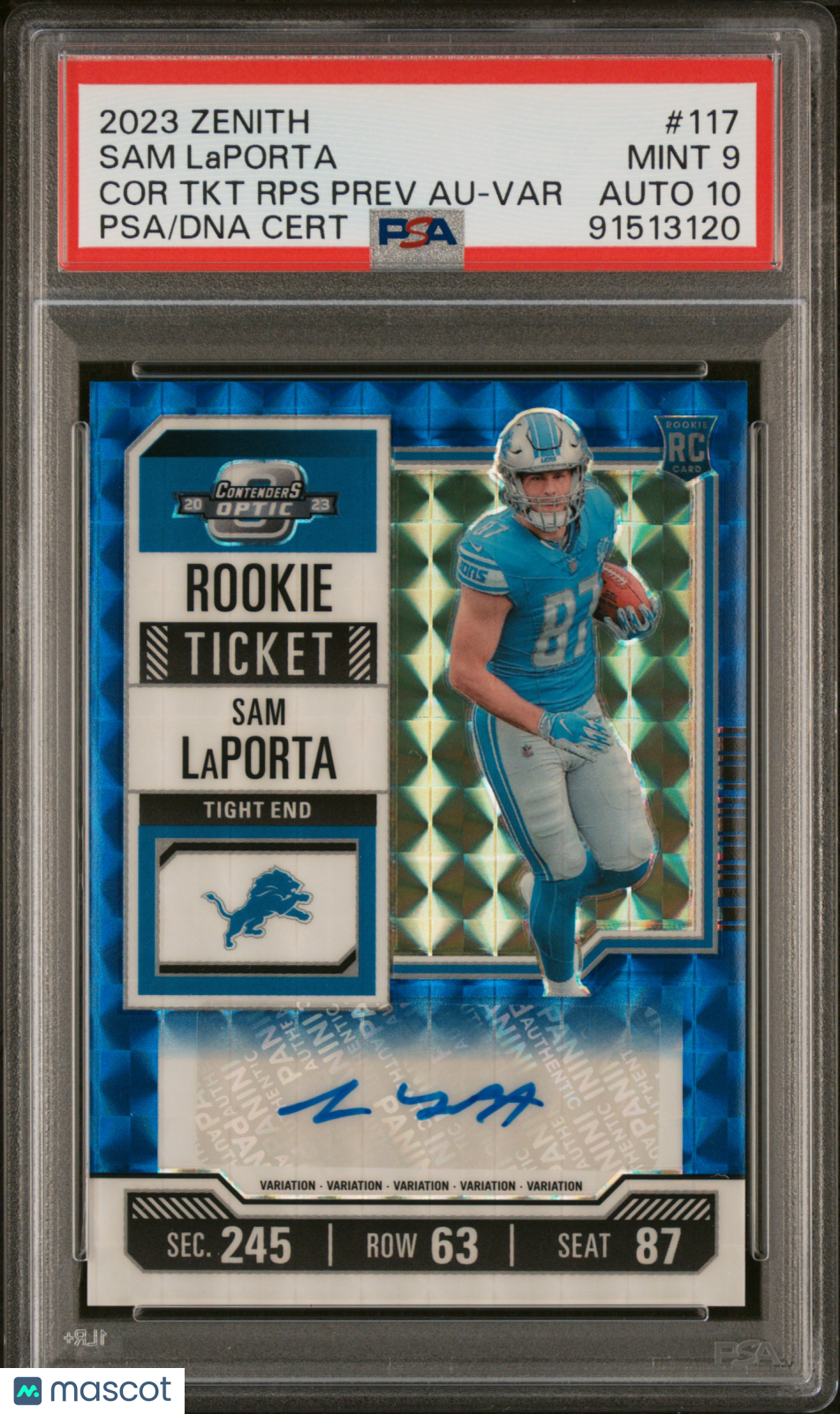 2023 Contenders Optic Football Sam LaPorta Rookie Ticket Auto Blue Variation PSA 