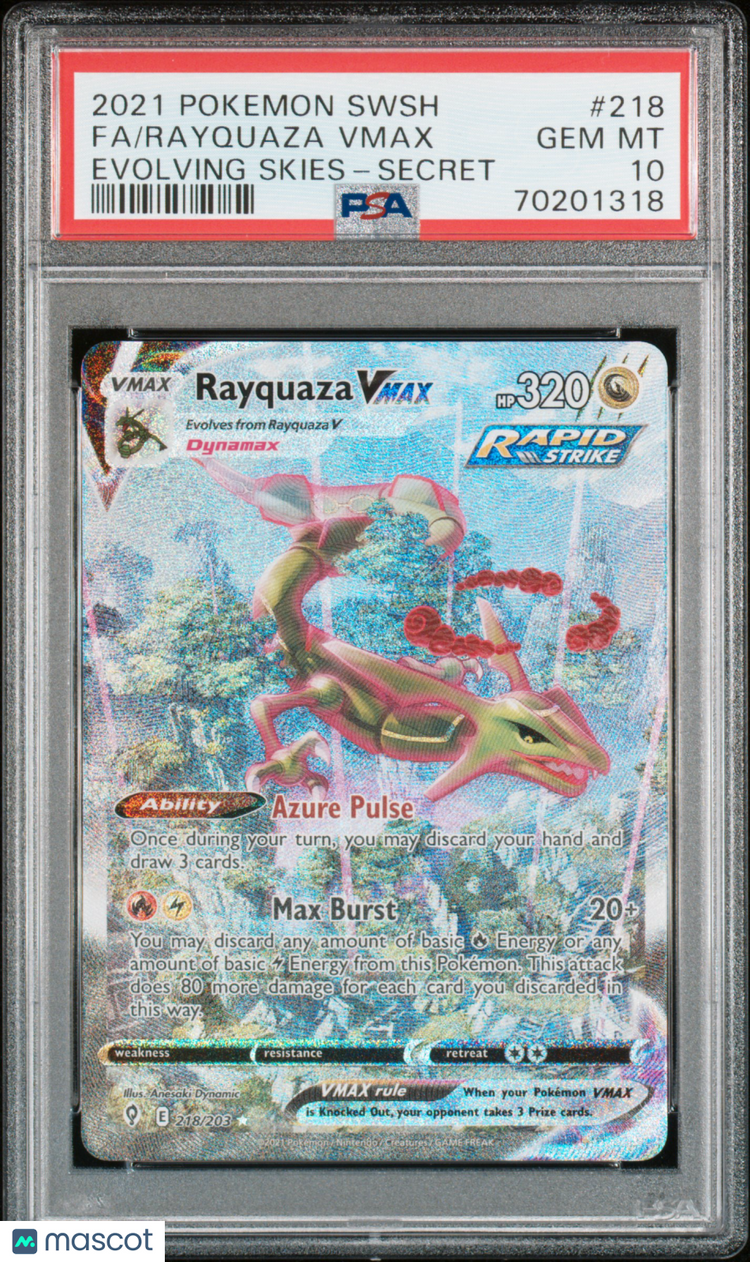 2021 Pokémon Evolving Skies Rayquaza VMax FA-Secret PSA 10 #218 