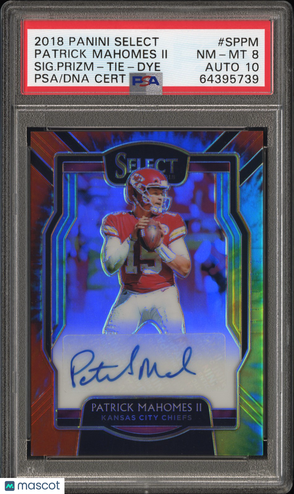 2018 Panini Select Signatures Tie-Dye Prizm Patrick Mahomes II PSA 8 2/7 