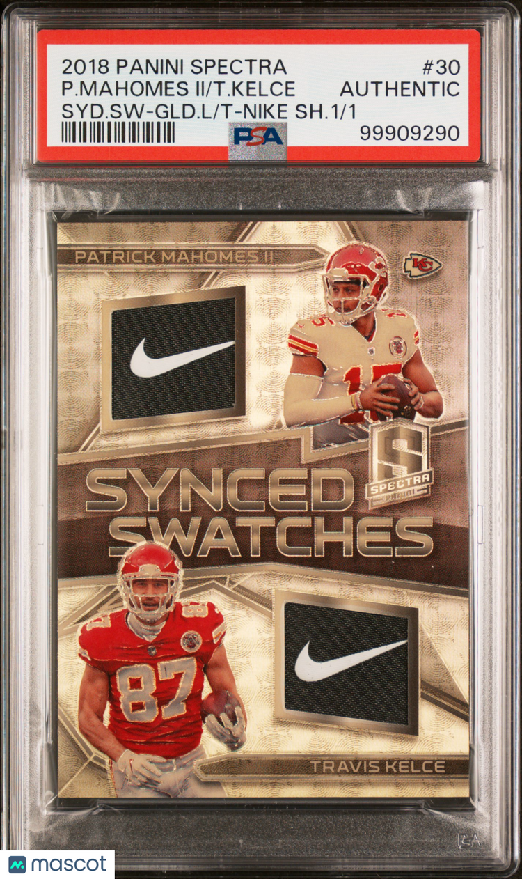 2018 Spectra Synced Swatches T. Kelce/P. Mahomes II Gold Nike 1/1
 PSA Authentic 