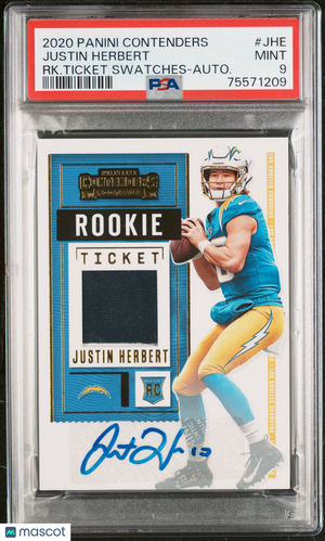 2020 Panini Contenders Rookie Ticket Swatches Autograph Justin Herbert PSA 9 