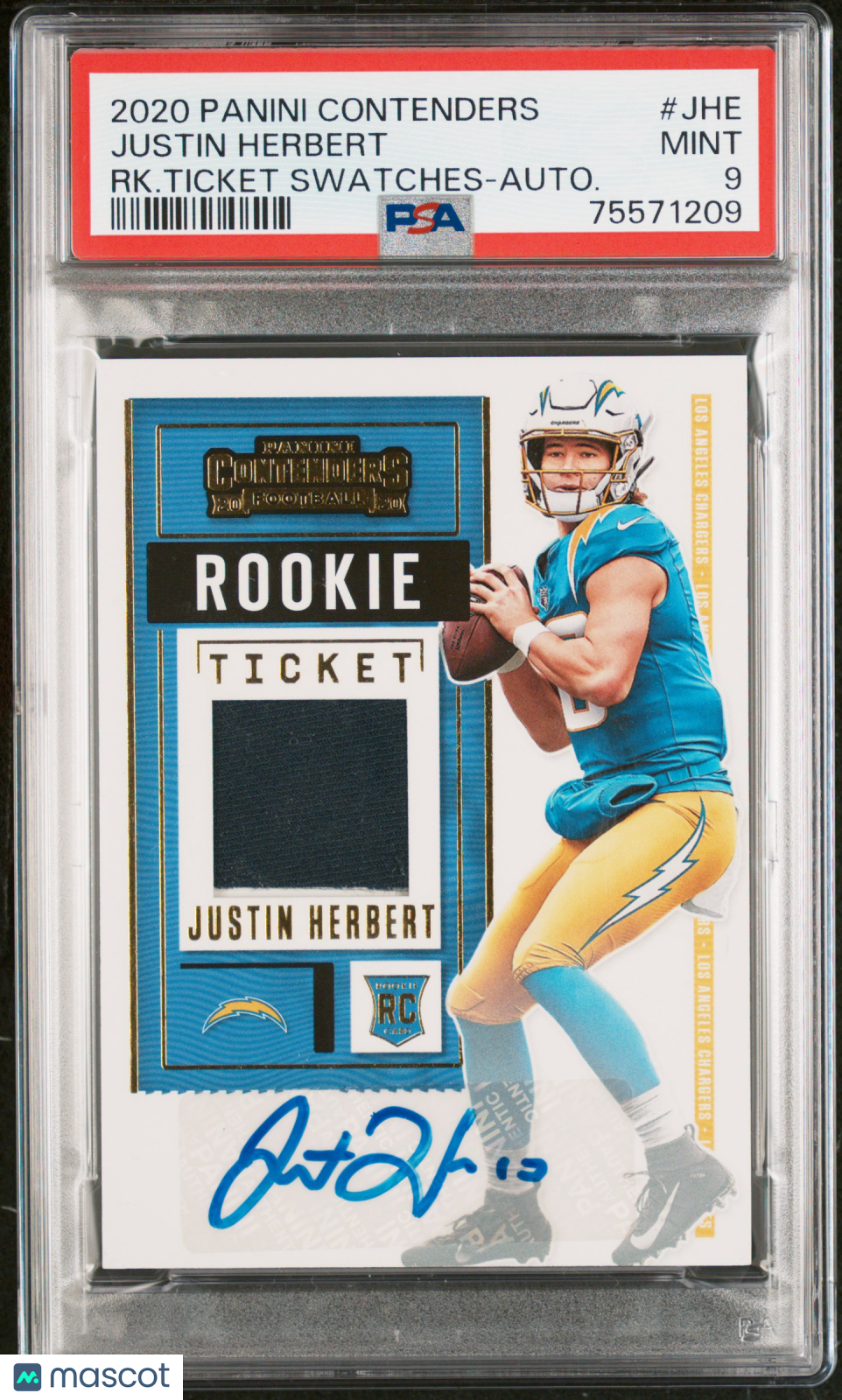 2020 Panini Contenders Rookie Ticket Swatches Autograph Justin Herbert PSA 9 