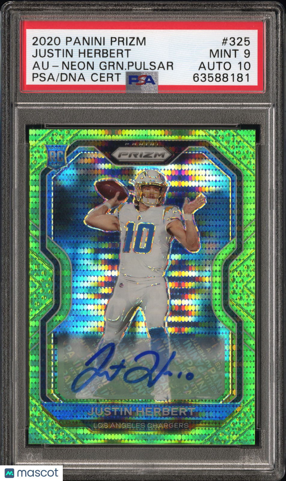 2020 Panini Prizm PSA 9 Justin Herbert RC Neon Green Pulsar Prizm Auto #325 