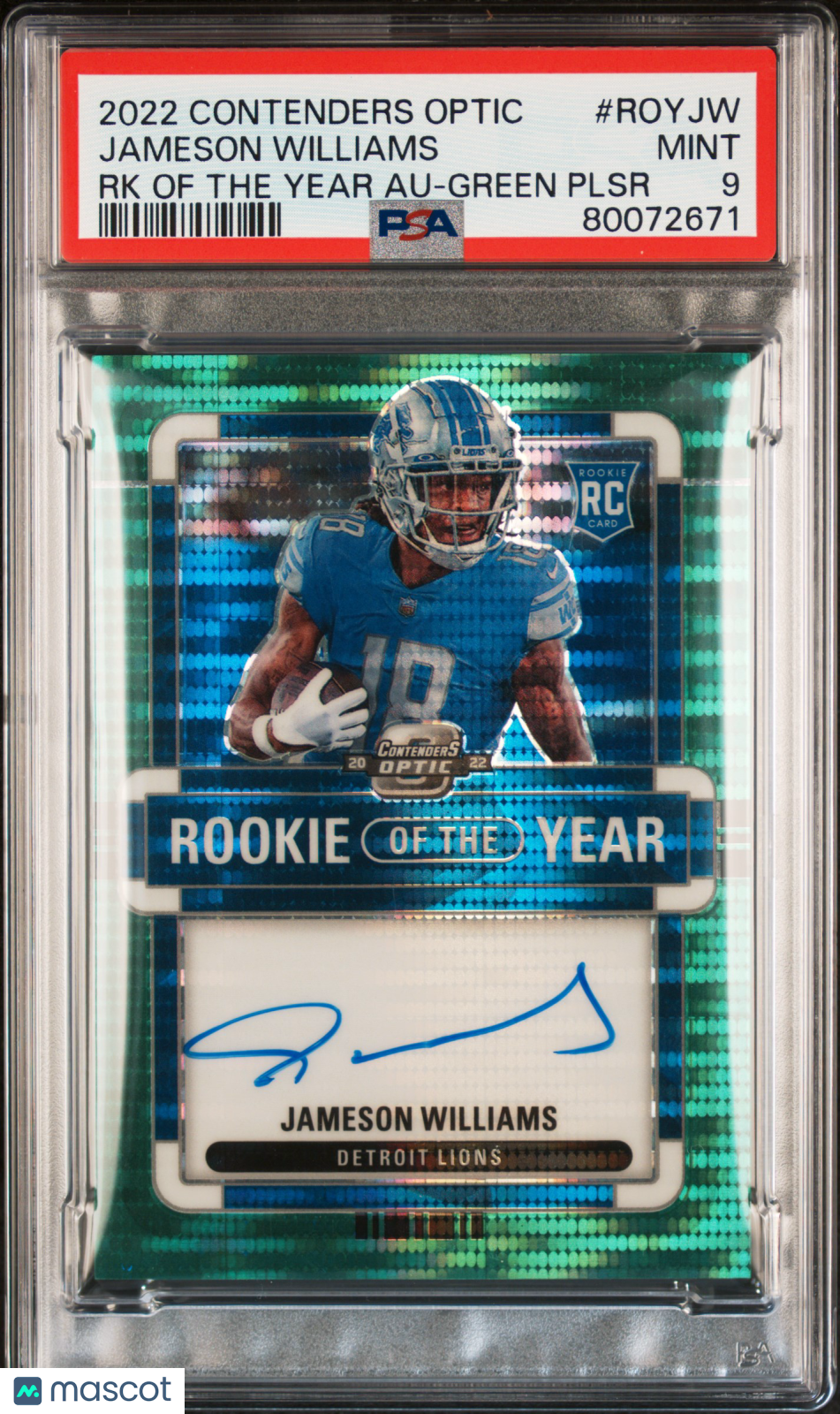 2022 Contenders Optic ROTY Green Pulsar Autograph Jameson Williams  PSA 9 /25 