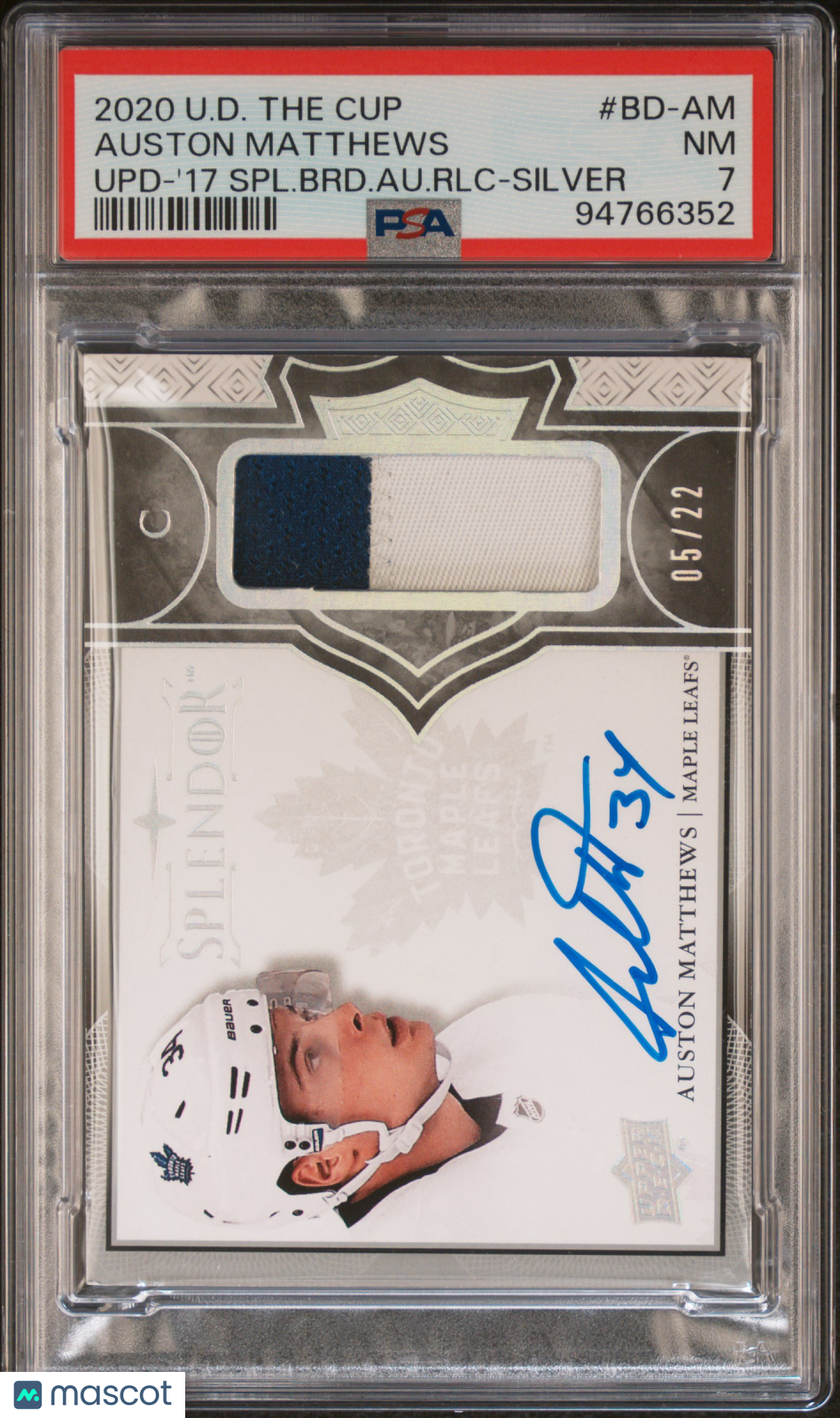 2020-21 UD The Cup Update PSA 7 Auston Matthews Splendor Relic Autograph 05/22