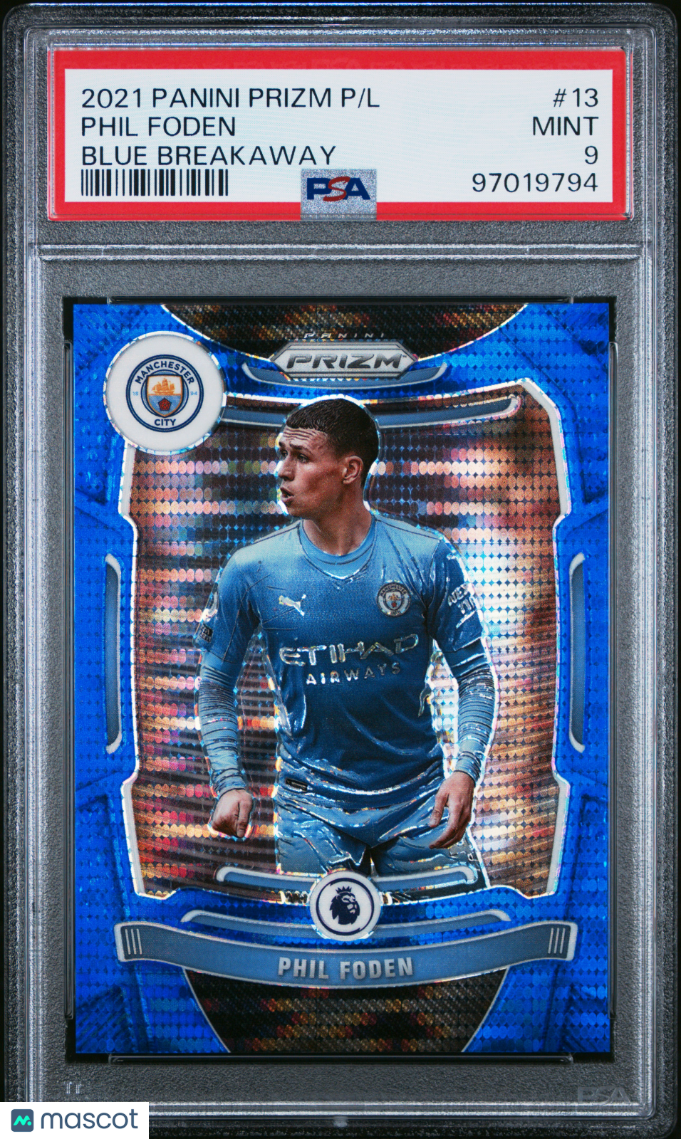 2021 Panini Prizm Premier League Phil Foden Blue Breakaway PSA 9 057/199 