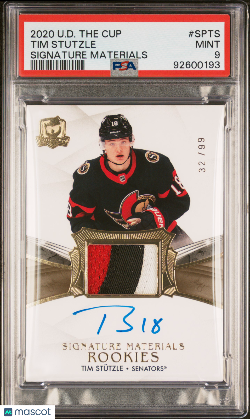 2020-2021 UD The Cup PSA 9 Tim Stutzle Rookie Signature Materials  32/99 