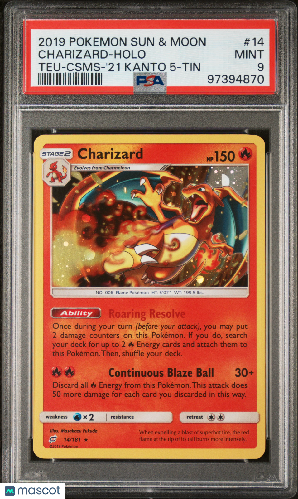 2019 Pokémon Sun & Moon Charizard Holo #14 Teu-Csms-'21 Kanto 5-Tin PSA 9